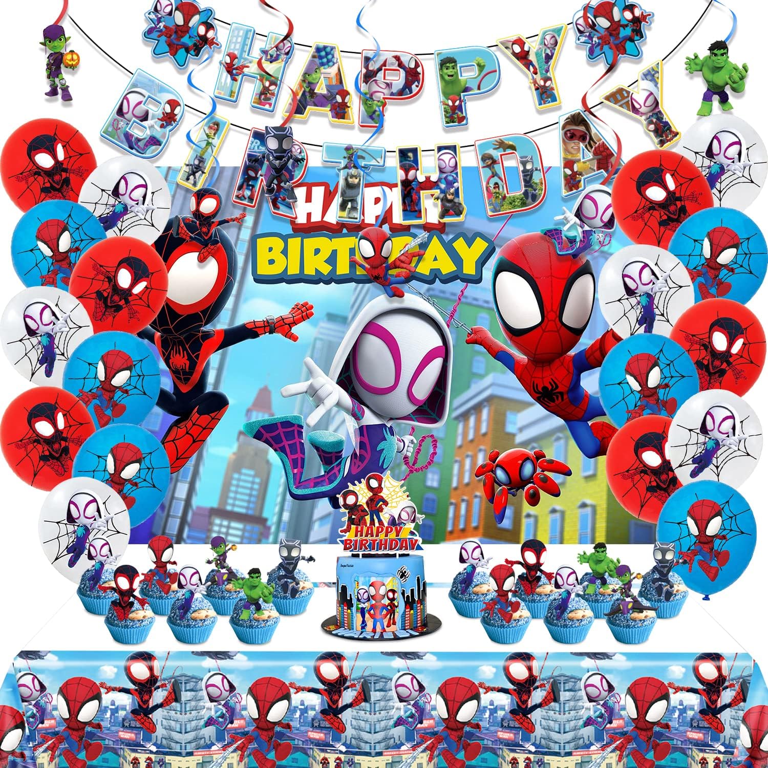 Spidey Birthday Decorations, Party Supplies Set Include Banner, Backdrop, Balloons, Hanging Swirls, Cake Cupcake Toppers, Tablecloth for Boys Girls Spidey Theme Party
