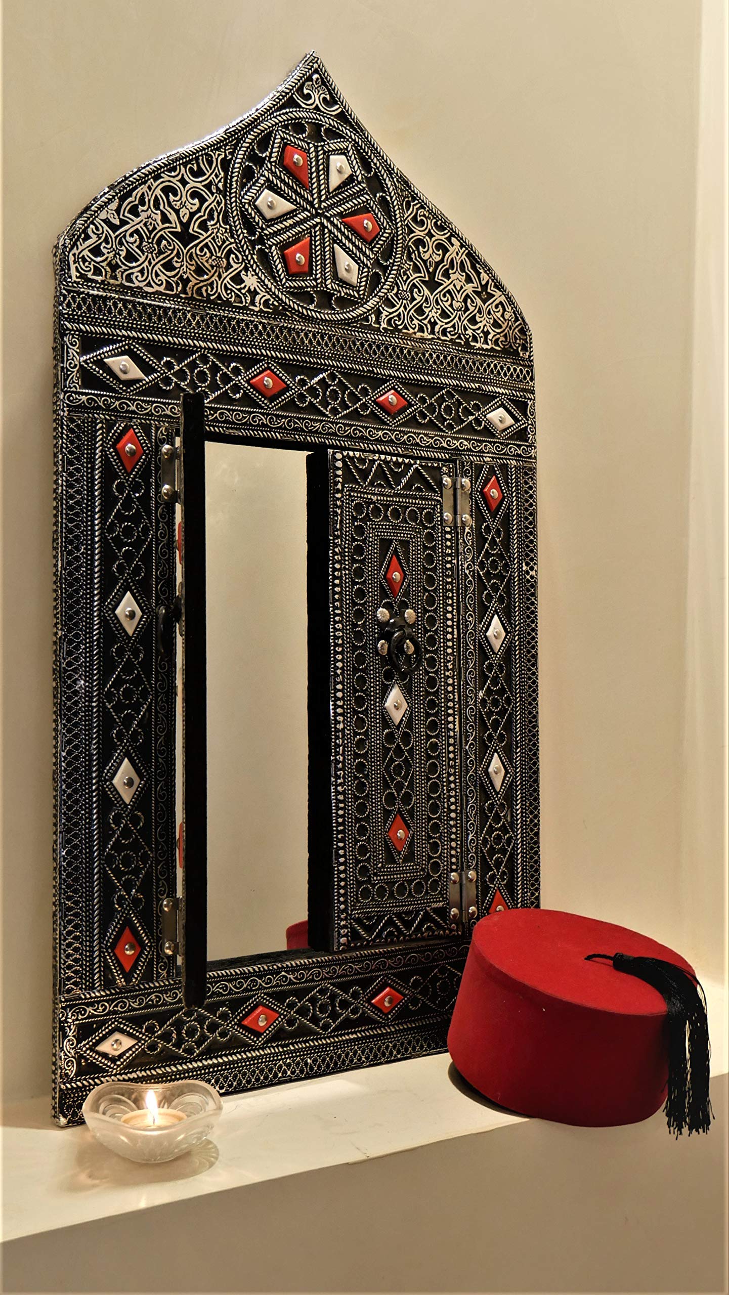 Handmade Mirror 29''/16'' (74 cm/40 cm) with Door for Wall Decor Covered Silver Metal Decorated with Colorful hand tooled camel bone Perfect Moroccan Piece for Home Decor and Design