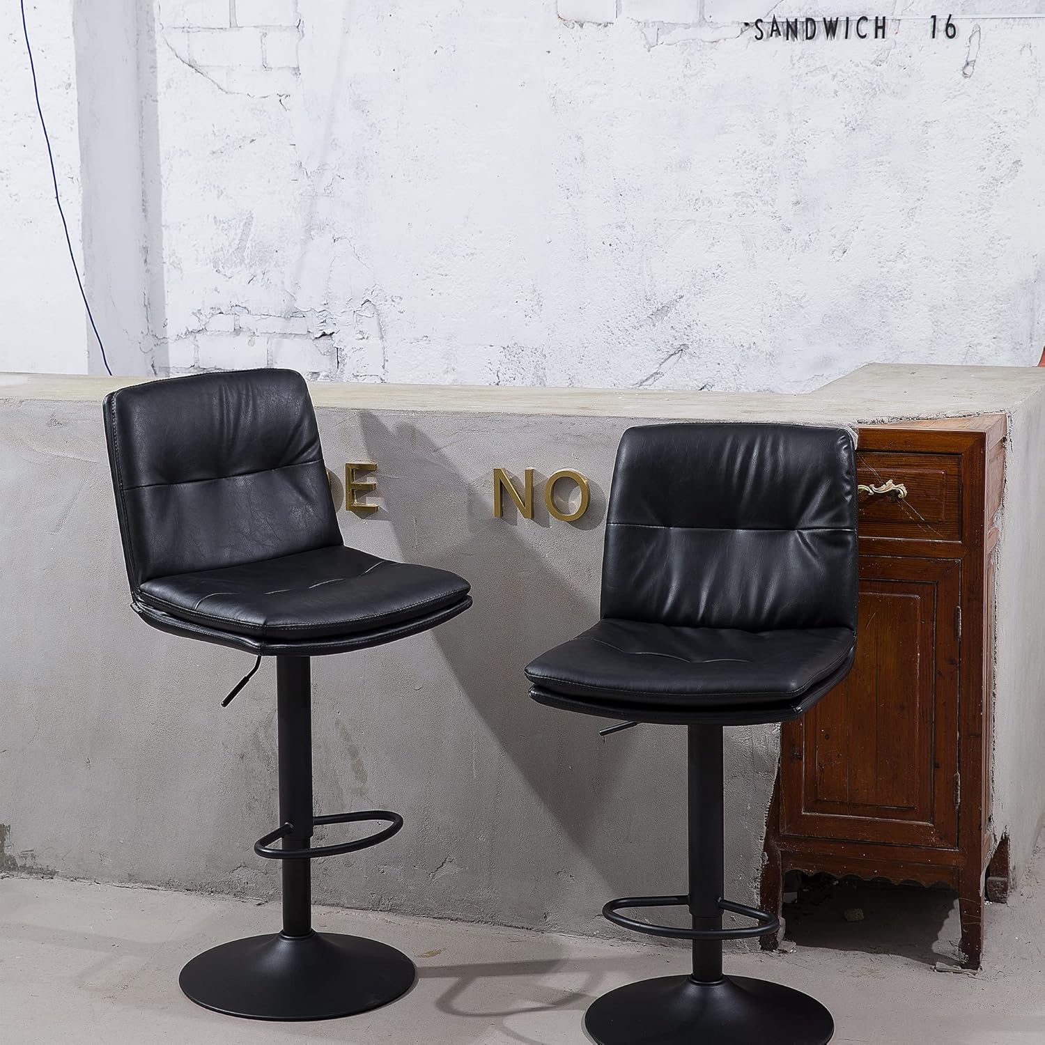 Bar Stools Set of 2, Modern PU Leather Barstools Height Adjustable from 22" to 29",Bar Stool with Double Layer Thickened Cushion for Kitchen Counter Black