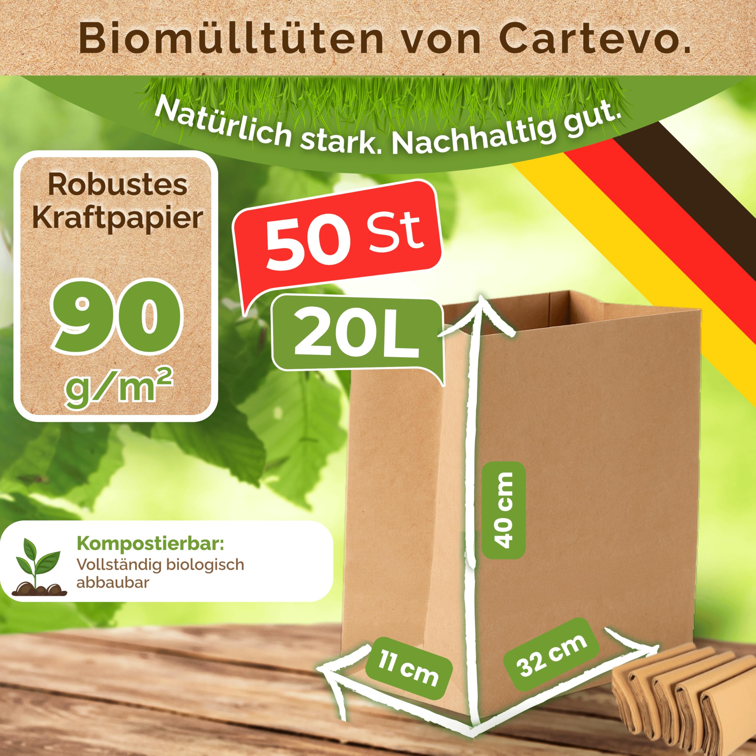 Premium Biomüllbeutel 20L - 50 Stück Bio müllbeutel Extra reißfest &Nassfest Biomülltüten Papier für Küche Biomülleimer & Biotonne | Papiertüten plastikfrei, umweltfreundlich & kompostierbar