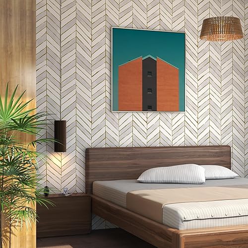 Miniatura 6 de Papel tapiz dorado y gris claro, papel de contacto geométrico moderno de 17.3 x 78.7 pulgadas, papel tapiz de espiga extraíble, papel de contacto a