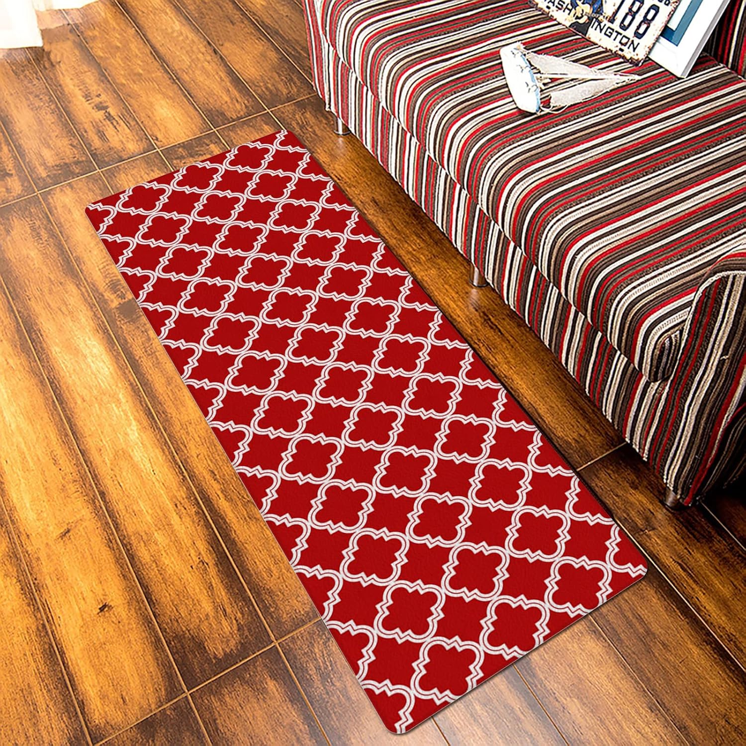 Morocco Red Antifatigue Kitchen Bath Door Mat Cushioned Runner Rug, Washable Welcome Floor Sink Mat, Red Morocco Plaid Lattice Waterproof & Non-Slip Comfort Standing Doormat for Kitchen, 18"x59"
