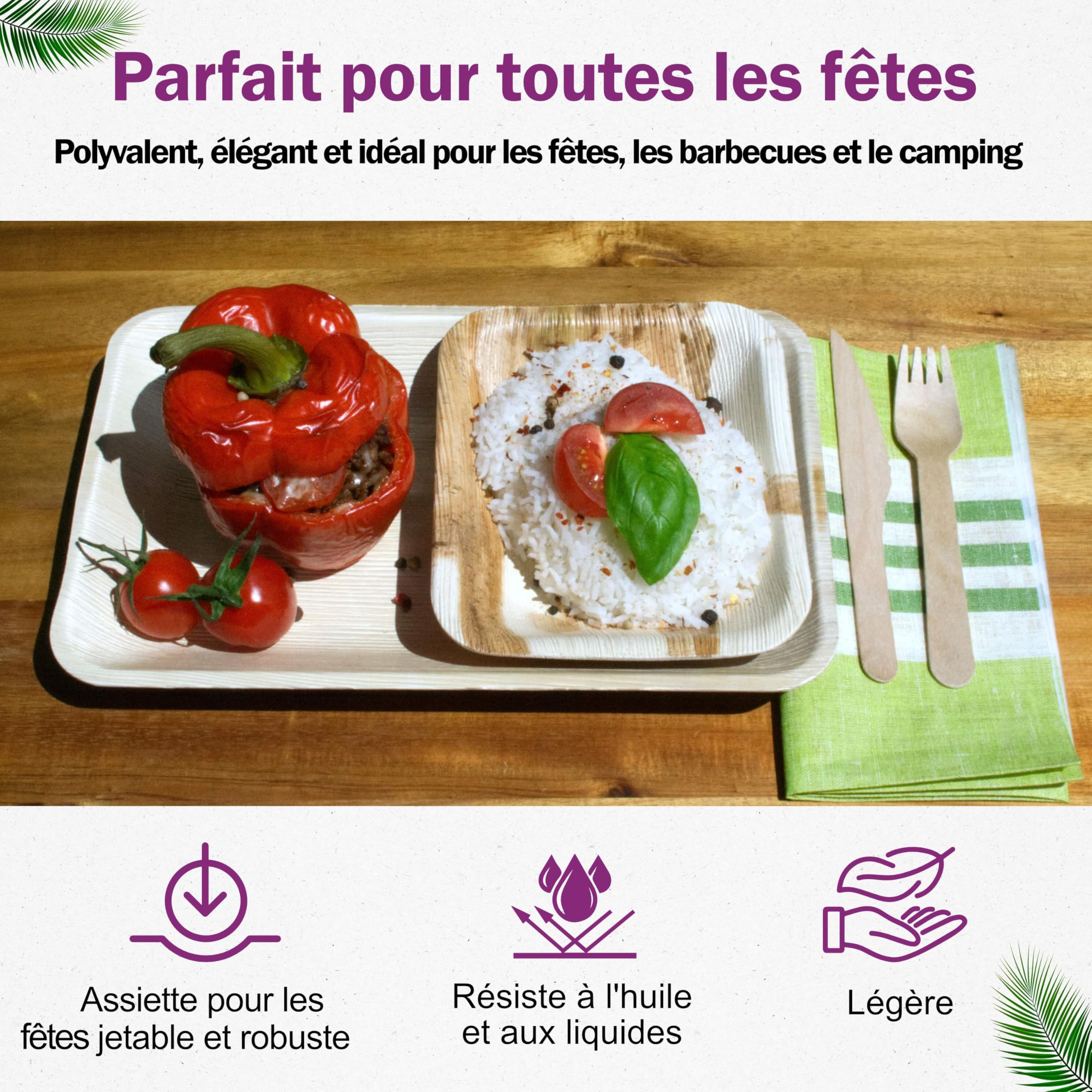 Assiette Jetable en Feuille de Palmier - 200 pcs. Rectangulaires 28x18 cm - Vaisselle Naturelle et Élégante - Chic, Résistante et au Design Unique - Plat Bambou et Bois similaire