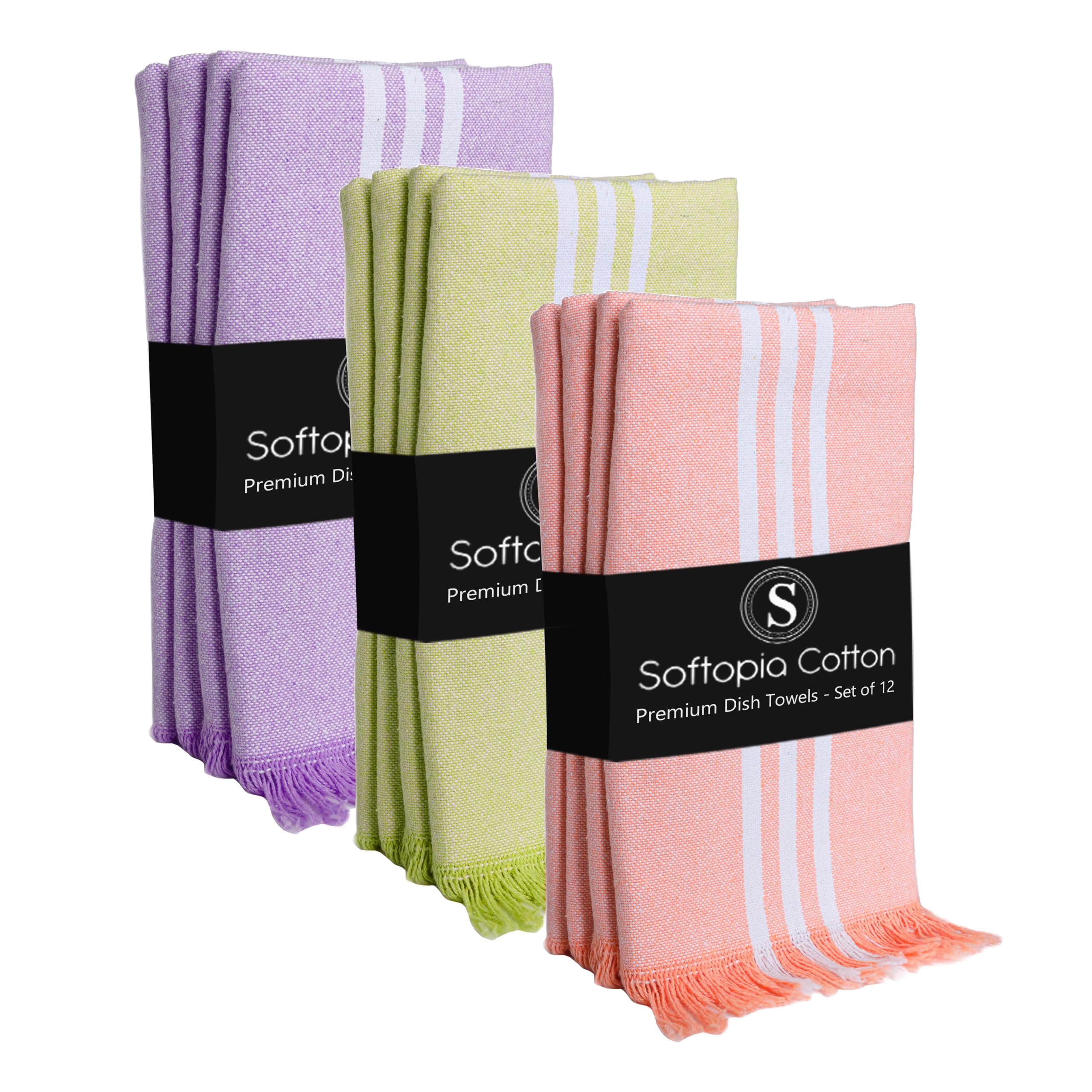 Multi Color Kitchen Towels 12 Pack, 16x26 Inches, Striped Tea Towels, Quick Dry Dish Cloths, Absorbent Cleaning Rags, Reusable and Washable Kitchen Wipes - Orange, Green, Lavender