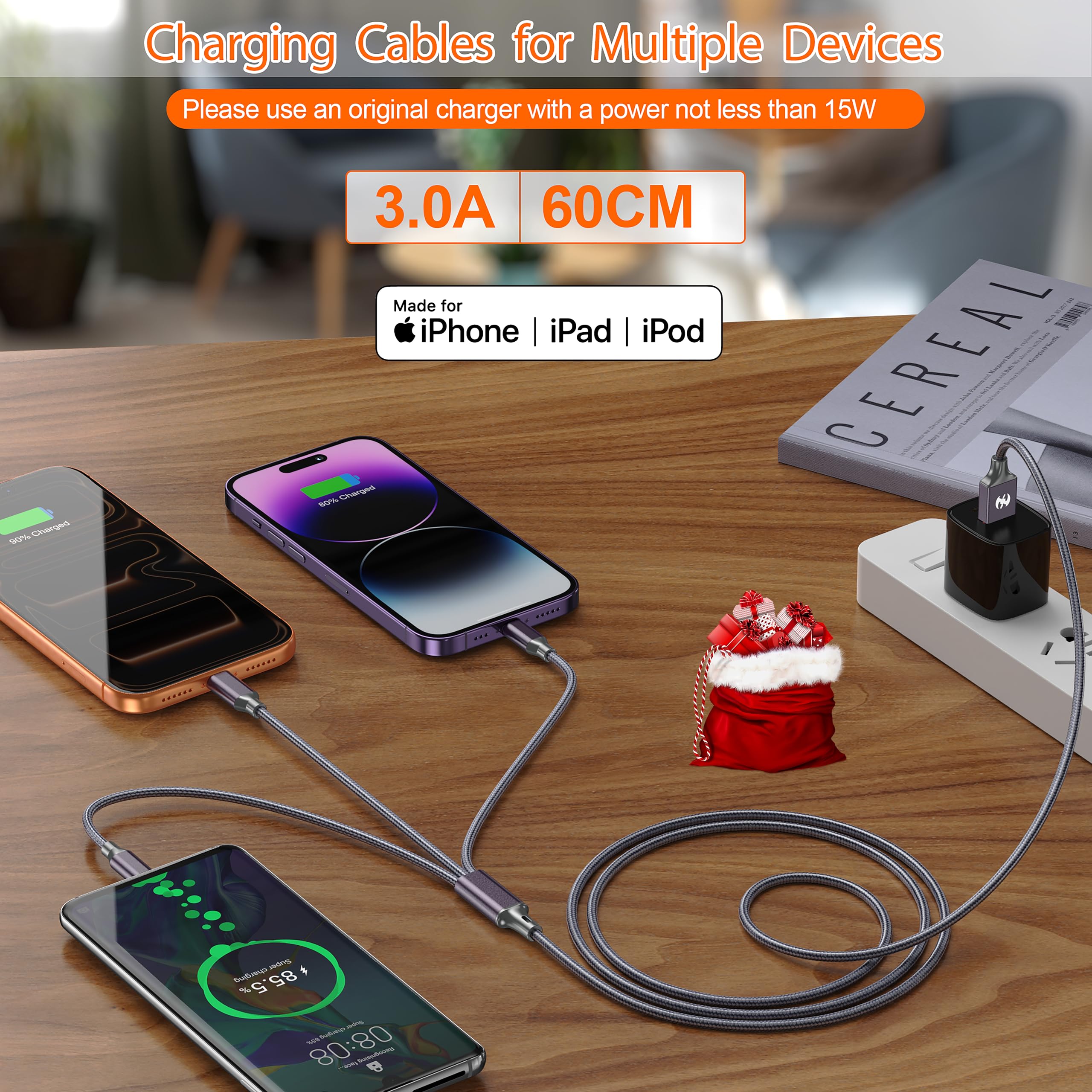 Wielofunkcyjny kabel do ładowania (60 cm, 2 sztuki), kabel USB 3 w 1 do wielu urządzeń, pleciony uniwersalny kabel do ładowania telefonu komórkowego z typem C/USB-C, micro USB, złącze IP do iPhone 17