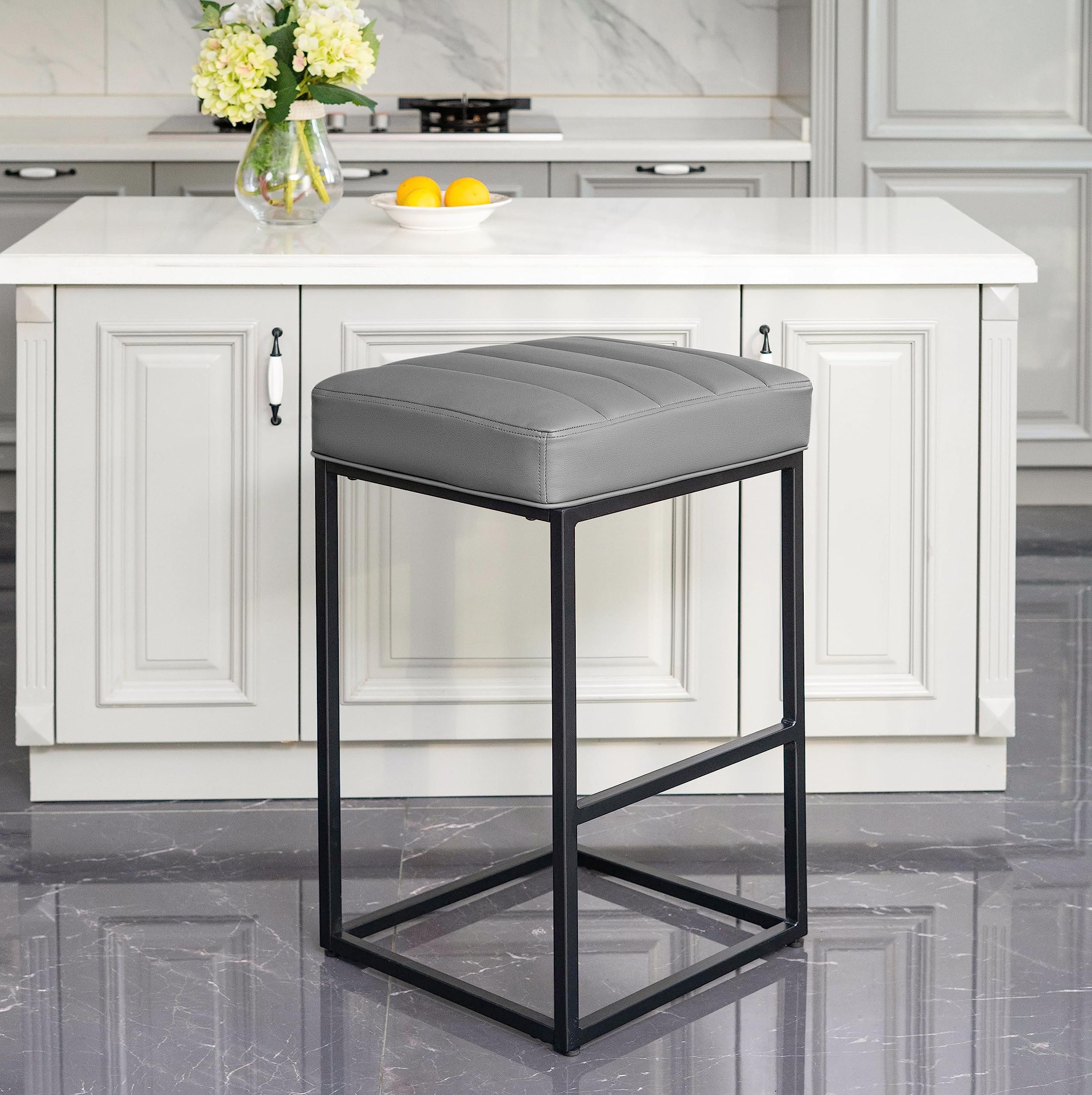 MINCETA Bar Stools,Modern Upholstered Metal Counter Height Stools with Footrest,30 Inches,PU in Dark Gray