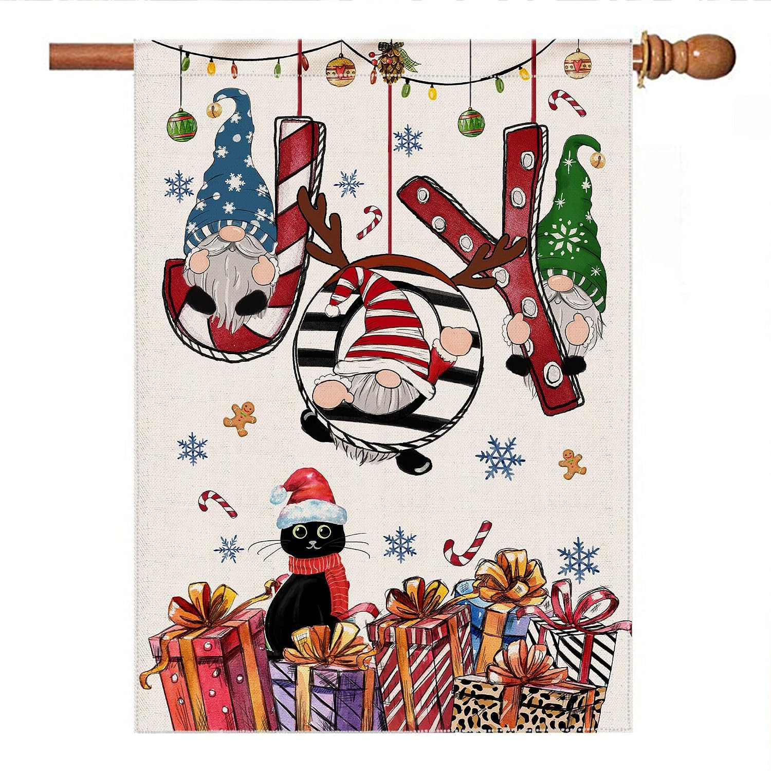 Hexagram Christmas Flags 28x40 Double Sided,Seasonal Large Burlap Gnomes Christmas House Flag, Welcome Winter Gnomes with Cat Joy Outdoor Decor