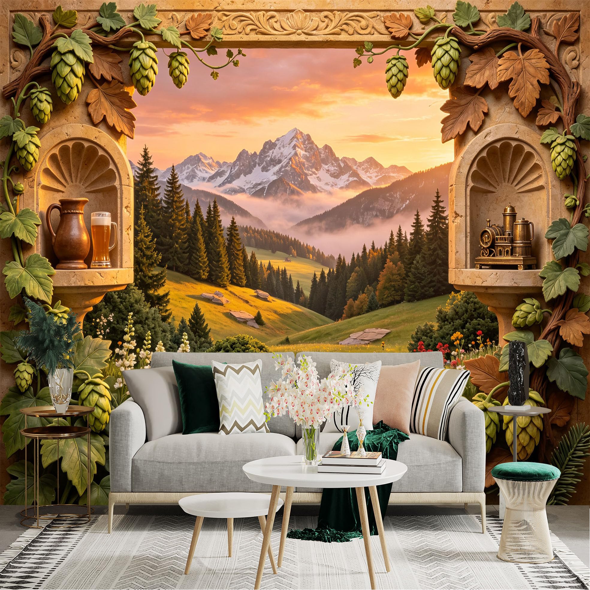 Lnzczhyre Bh260719280 Custom Size Wall Sticker Mural， Alpine Meadow View， Beer Garden Arch， Snow Capped Peaks， Wildflowers And Pine Forest， For Wall Decoration， Peelandstick Wall Decals.