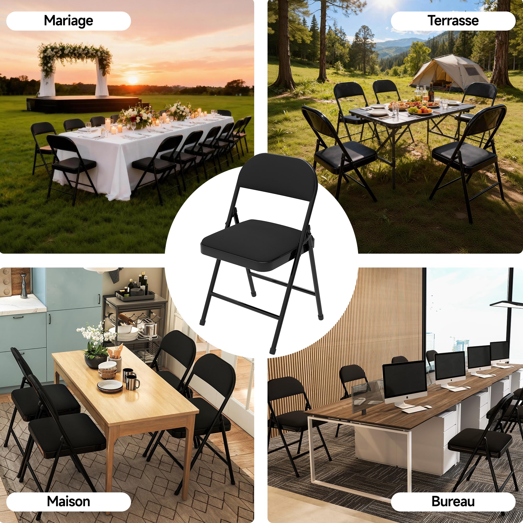 Chaises Pliantes en Similicuir avec Assise rembourrée, Structure en Acier, Lot de 4, idéales pour Les événements, la Maison et Le Bureau.Noir