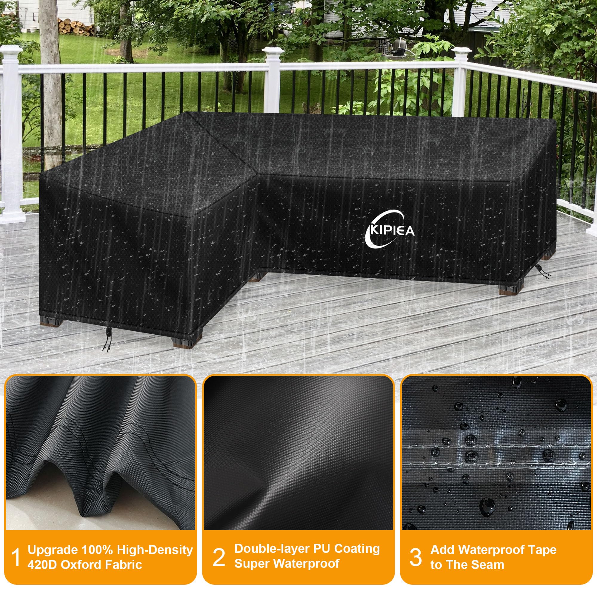 Kipiea Funda para Muebles de Jardín en Forma de L, Fundas Sofá Jardin Exterior Impermeable, 420D Tela Oxford Funda Protectora Sofá Exterior en L, Resistente al Viento, Anti-UV (224x288x85x78/61cm)