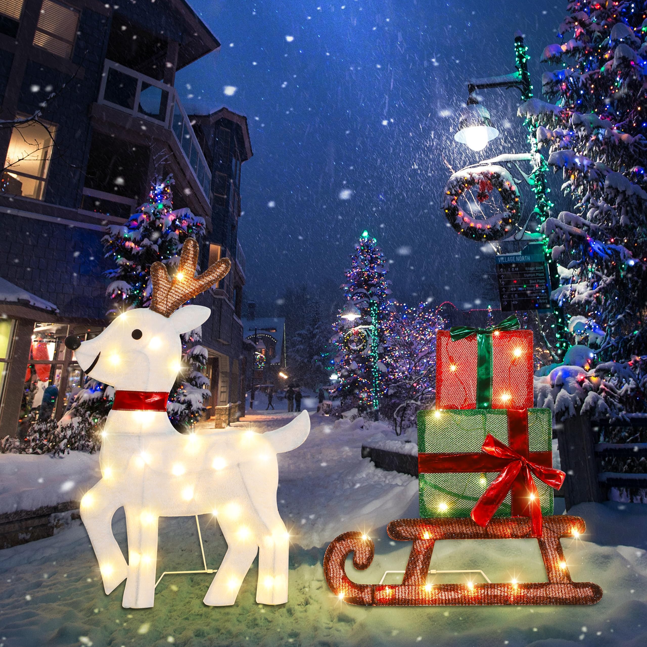 Joliyoou Décoration de cour de Noël, renne pré-éclairé et traîneau cadeau avec 50 lumières blanches chaudes, affichage de vacances éclairé 2D pour porte d'entrée de Noël, décoration intérieure et