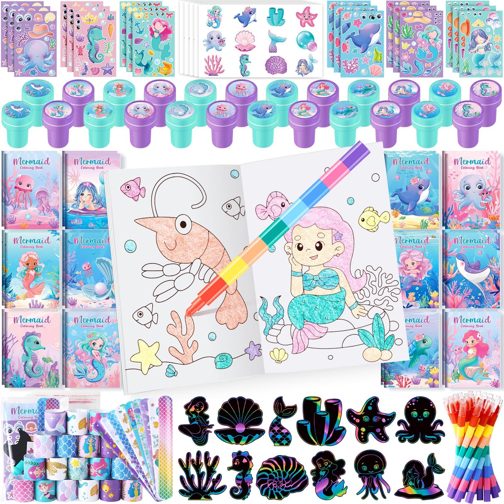BenLouis 96Pcs Mermaid Party Favors Little Mermaid Coloring Books Crayon Stickers Set Bulk for Kids Sea Birthday Decor Baby Shower Candy Goodie Bag Stuffer Classroom Rewards Pinata Supplies