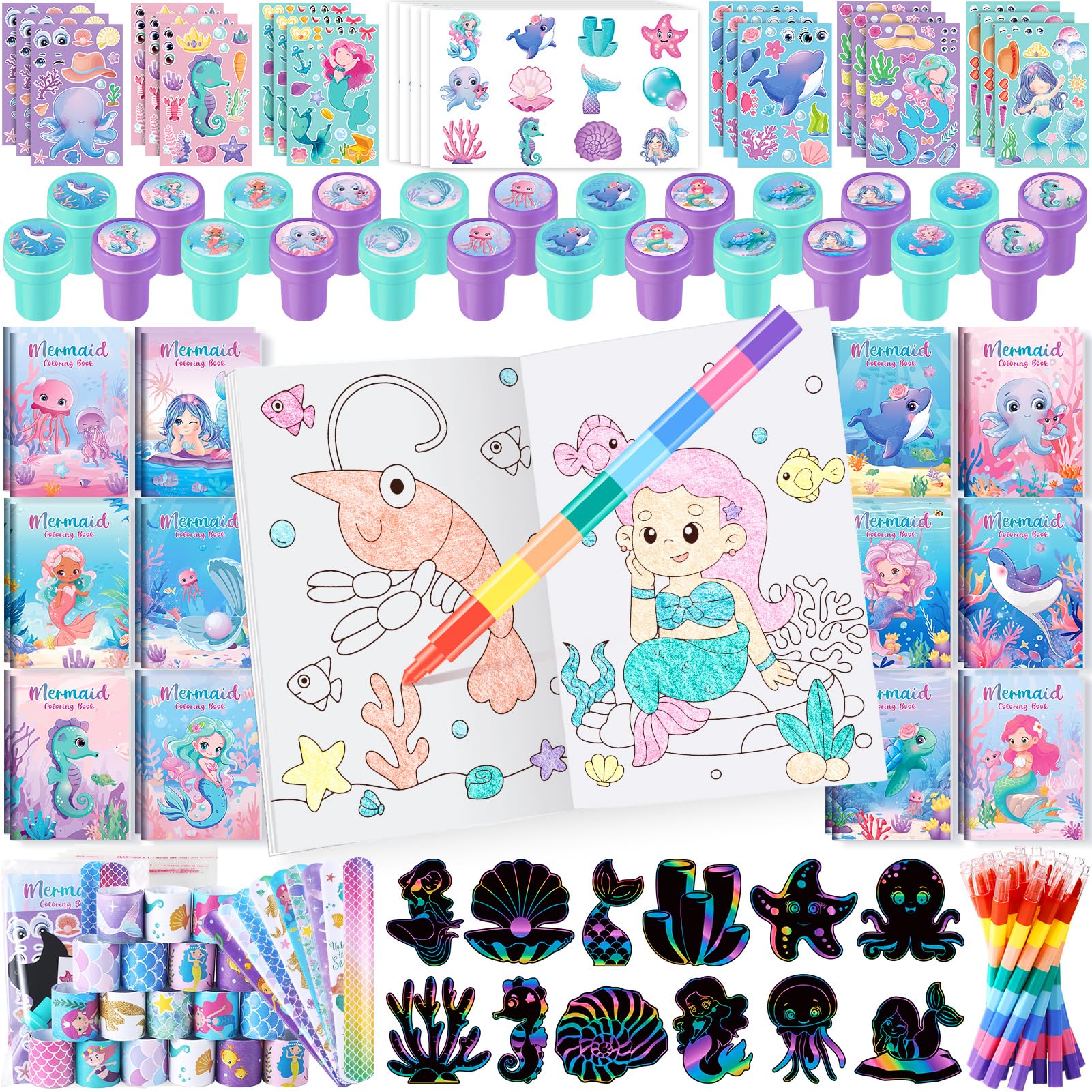 BenLouis 96Pcs Mermaid Party Favors: Coloring Books, Crayons, Stickers Set for Kids Mermaid Birthday Decor, Baby Showers, Candy Goodie Bags, Classroom Rewards, Pinata Supplies