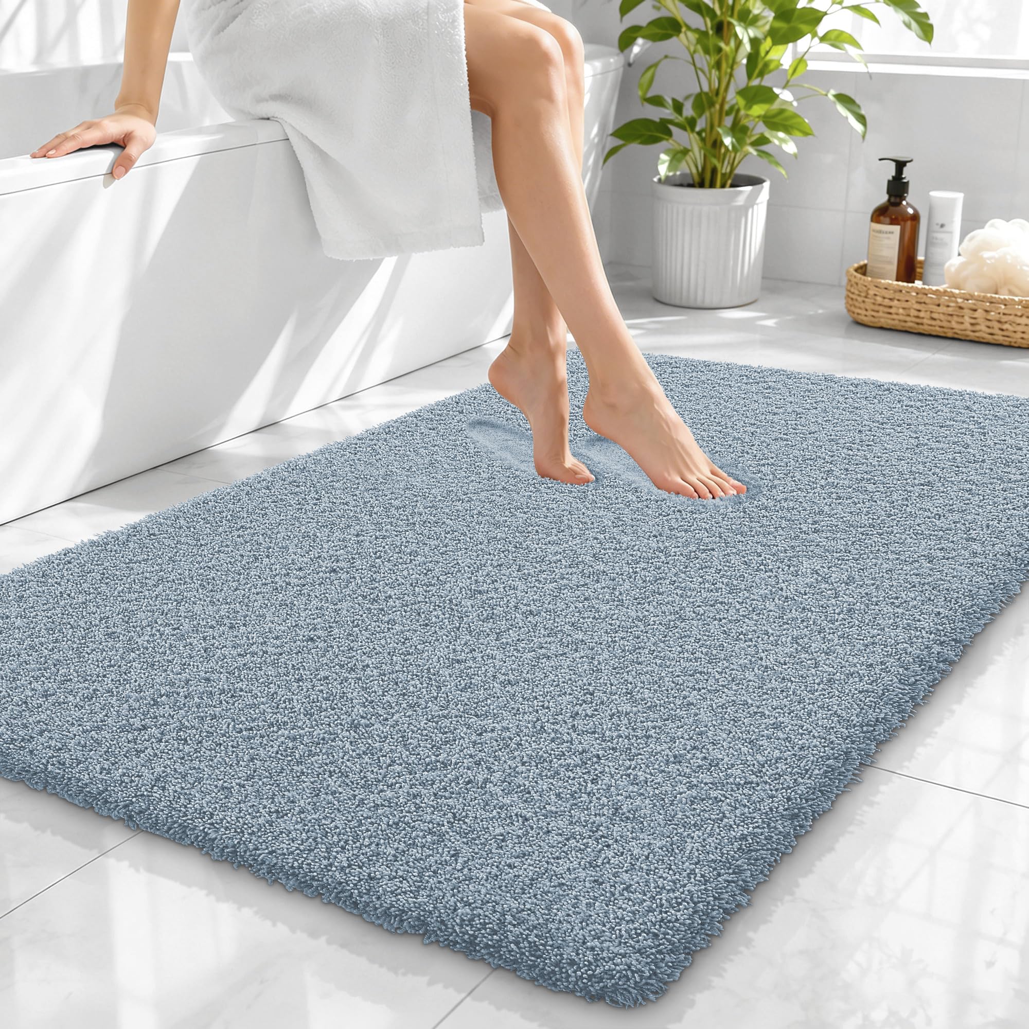 OLANLY Microfiber Large Bathroom Rugs 40x32, Soft Bath Mat, Airy Blue