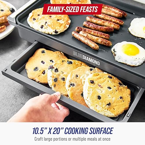 Miniatura 4 de Blue Diamond Plancha eléctrica extra grande de 20 x 10.5 pulgadas, superficie antiadherente de cerámica saludable, no tóxica sin PFAS, control de