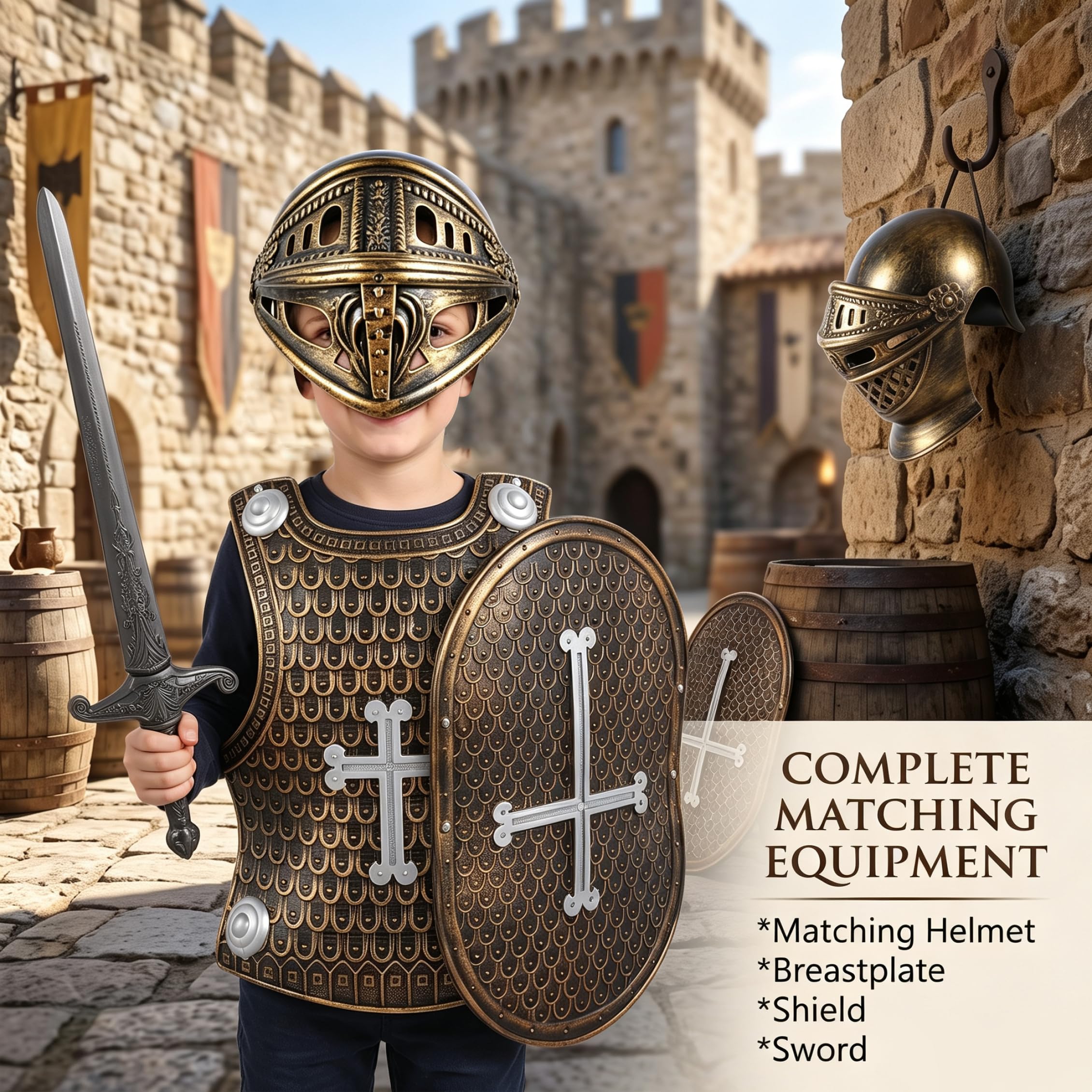 Costume da cavaliere per bambini, 2 set, kit armatura, casco da cavaliere, sistema operativo nero