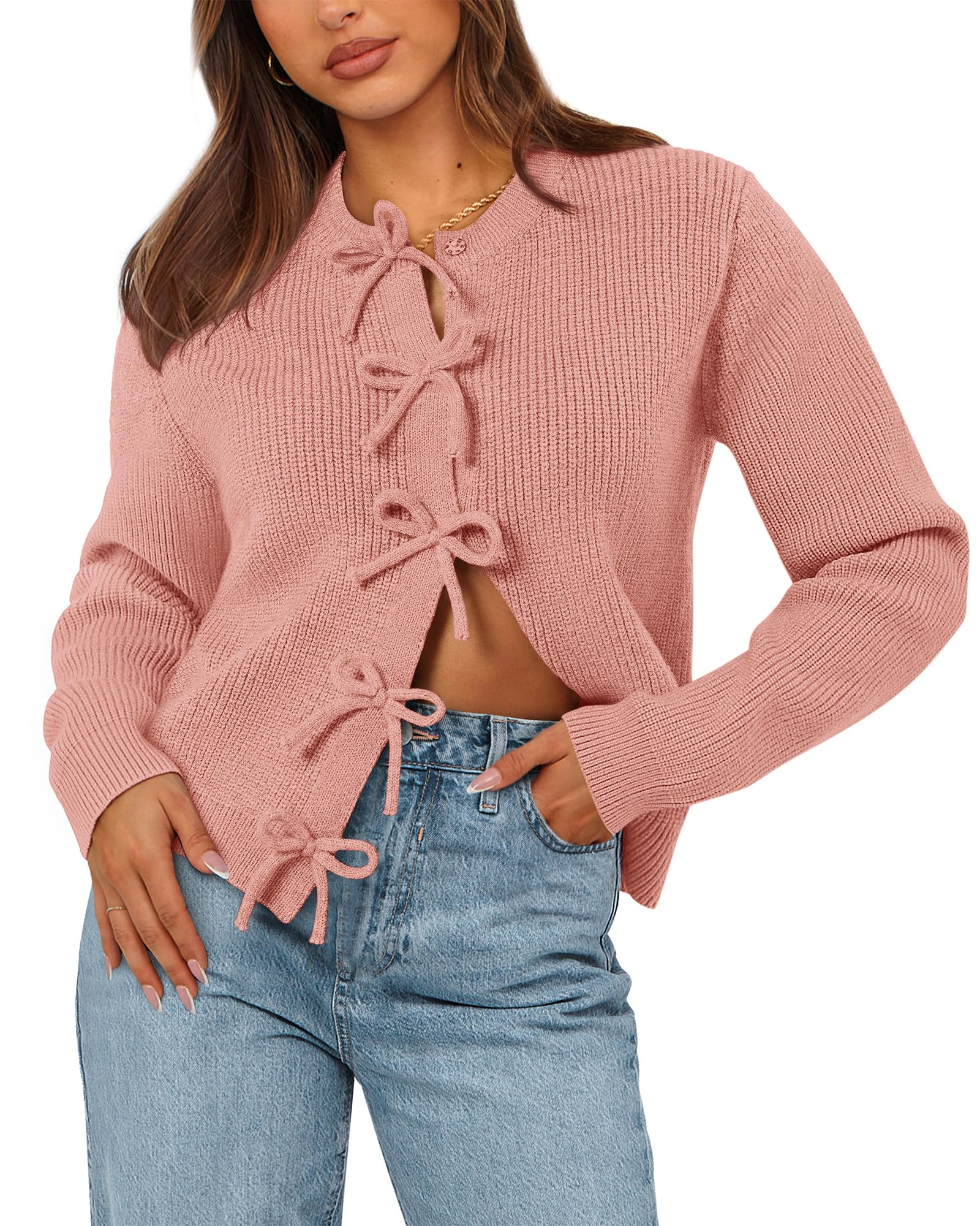 BTFBM Bow Cropped Cardigan Sweaters for Women 2026 Fall Winter Open Front Sweater Long Sleeve Button Fashion Spring Clothes