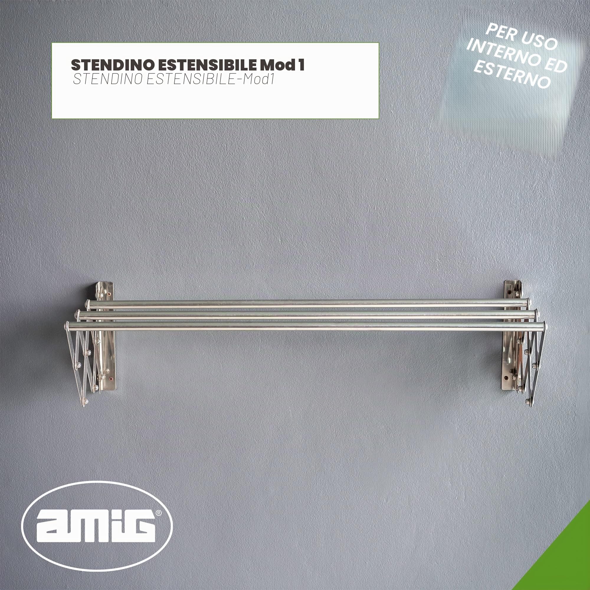 Amig – Stendibiancheria da parete estensibile - Misure: 100x14x3 cm - Superficie di stenditura: 5 m - Alluminio inox - Viteria in acciaio inox - Per interni ed esterni - Facile installazione