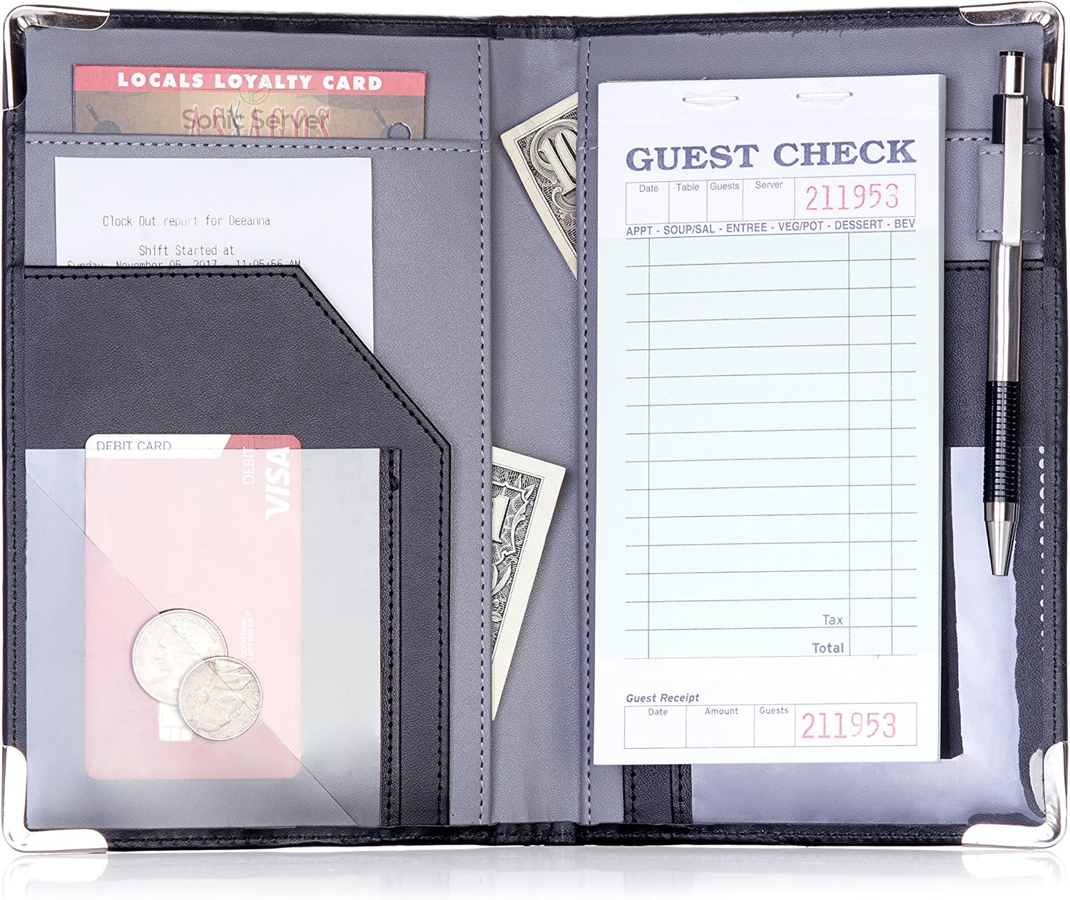 Sonic Server Book and Waiter Waitress Organizer for Waitstaff | Inner Color Gray | 10 Pockets Holds Guest Checks, Money, Receipts, Order Pad with Pen Holder Loop