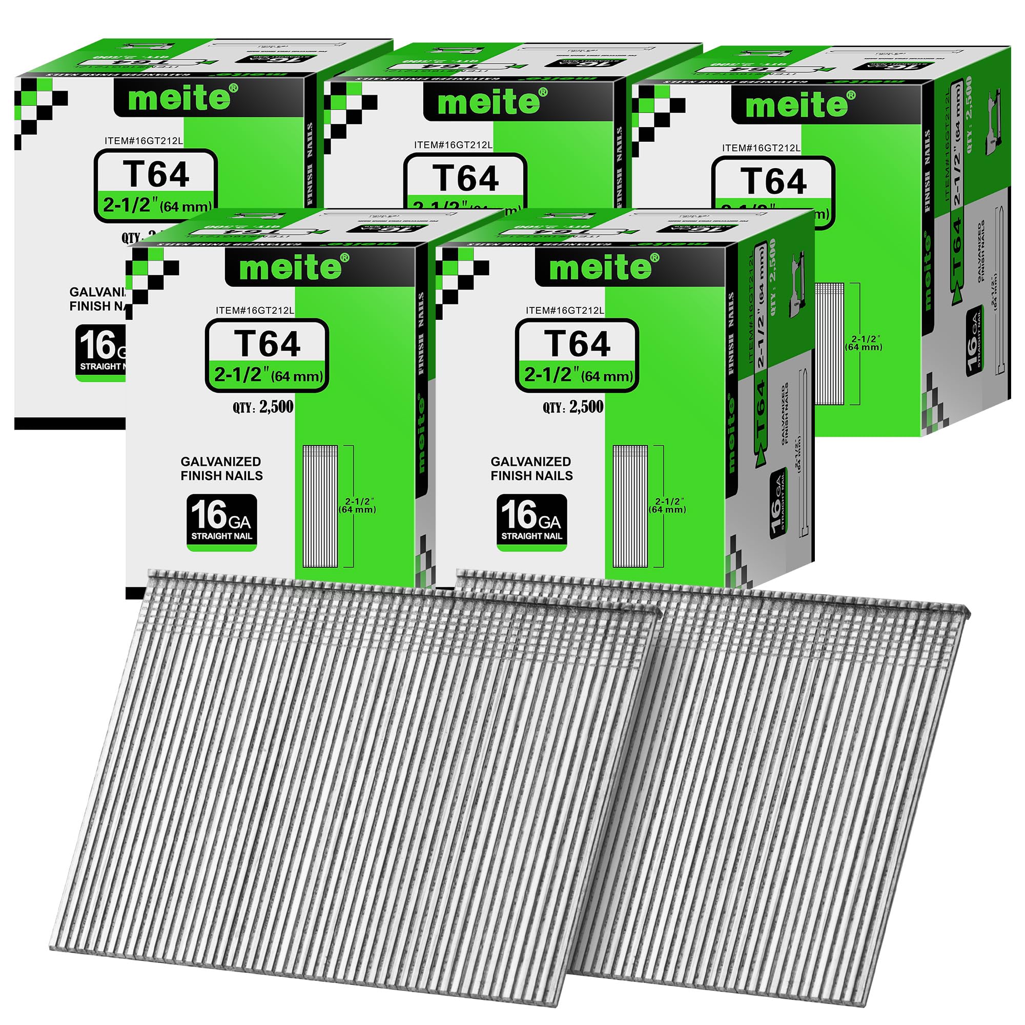 meite 16 Gauge Finish Nails 2-1/2 Inch Galvanized Straight T-Nails 12,500PCS