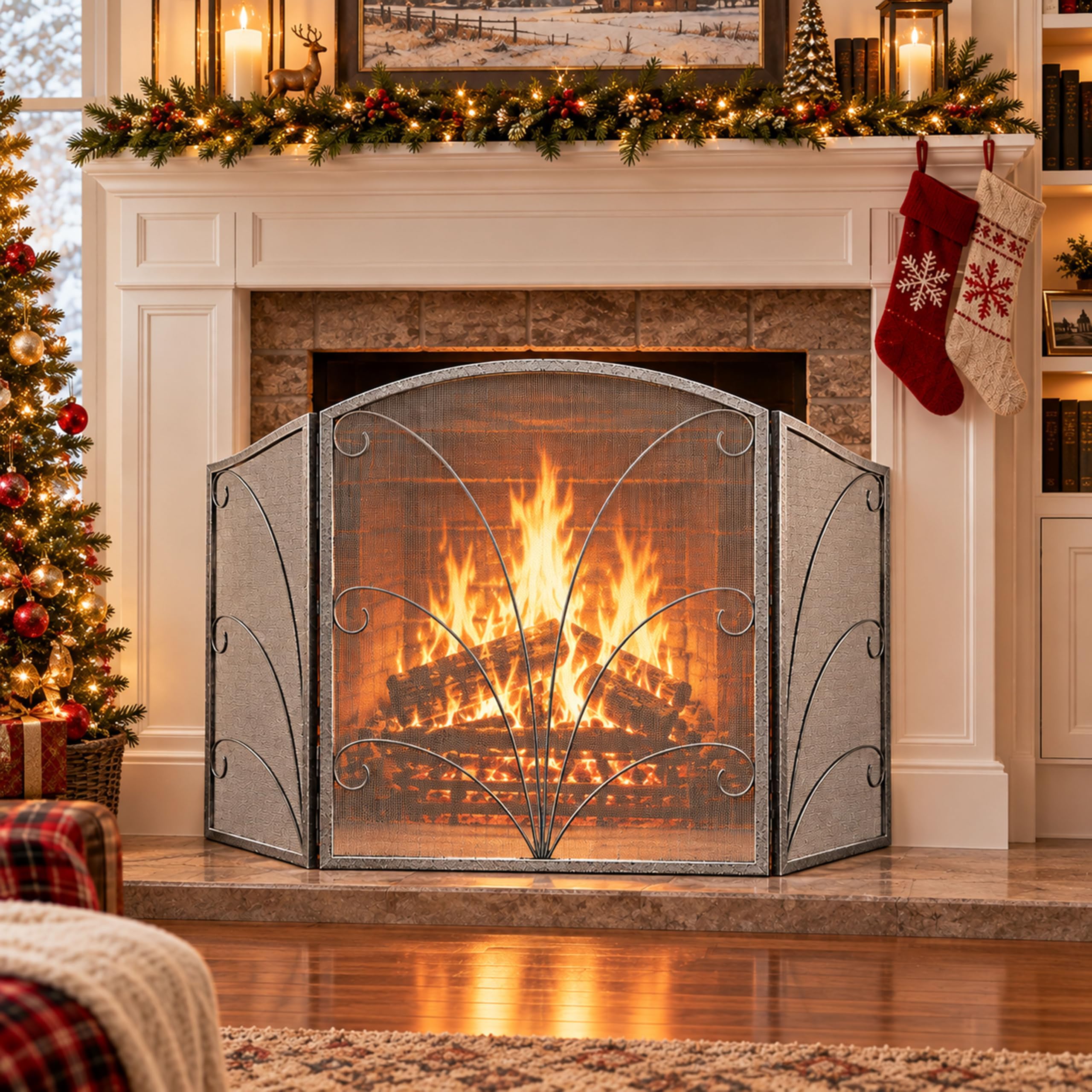 Kingson 3-Panel Arched Fireplace Screen Decorative, Handcrafted Scroll Wrought Iron Fireplace Spark Guard Cover -Pewter Spotted