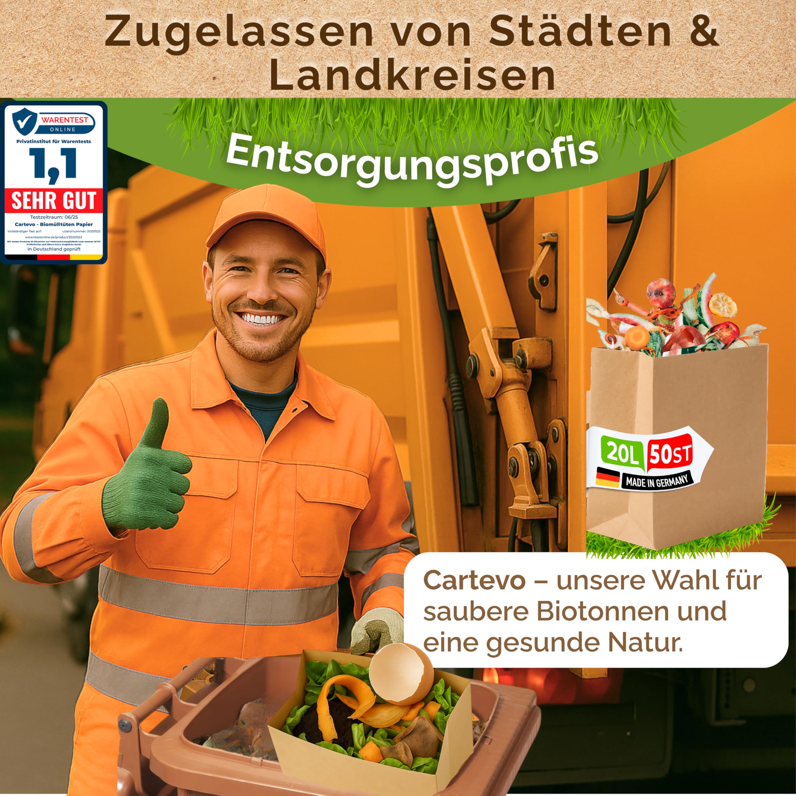 Premium Biomüllbeutel 20L - 50 Stück Bio müllbeutel Extra reißfest &Nassfest Biomülltüten Papier für Küche Biomülleimer & Biotonne | Papiertüten plastikfrei, umweltfreundlich & kompostierbar