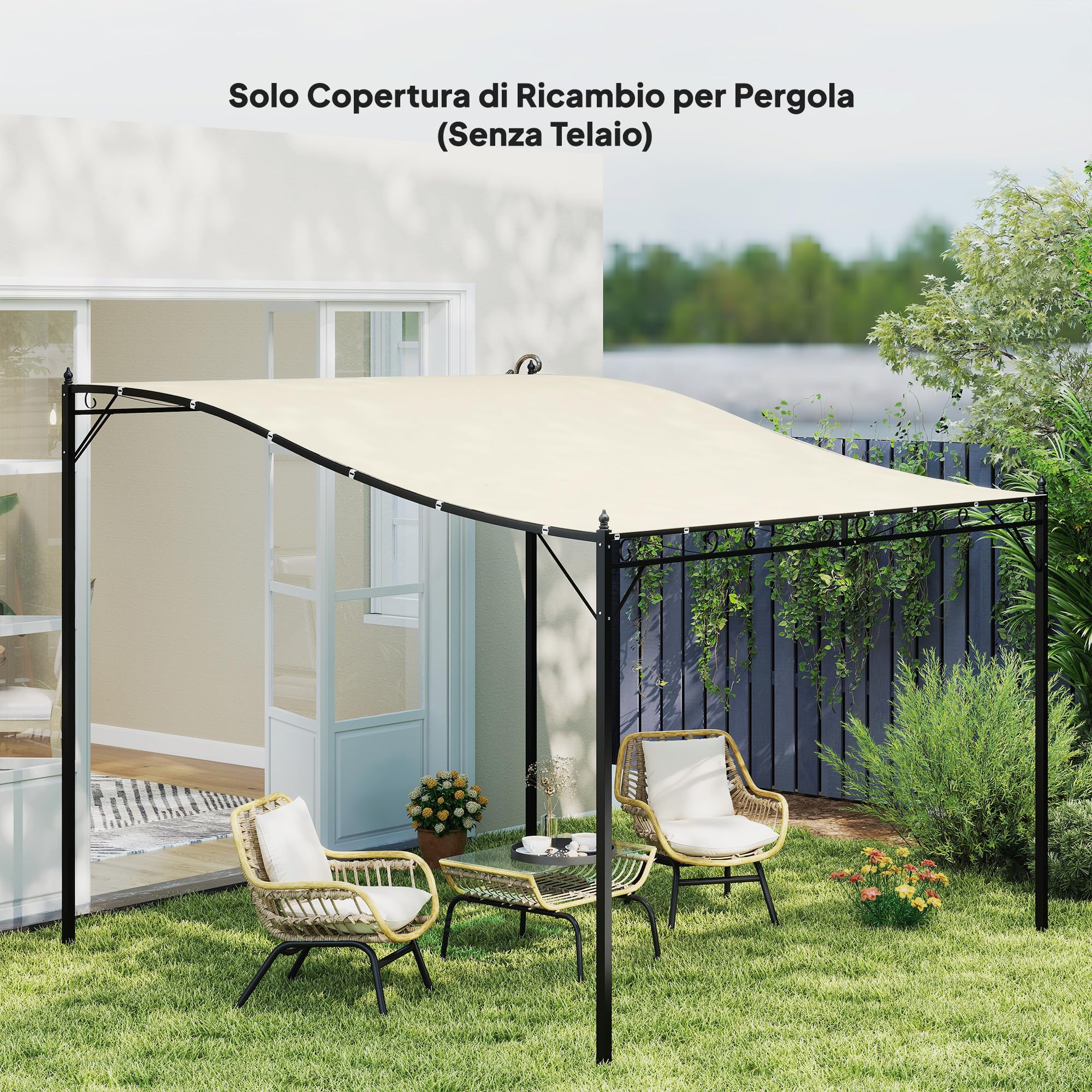 Outsunny Telo di Ricambio per Pergola da Giardino 3x3 m con 16 Fori di Drenaggio, Ganci e Anelli, Copertura per Gazebo Pergola in Poliestere, Beige