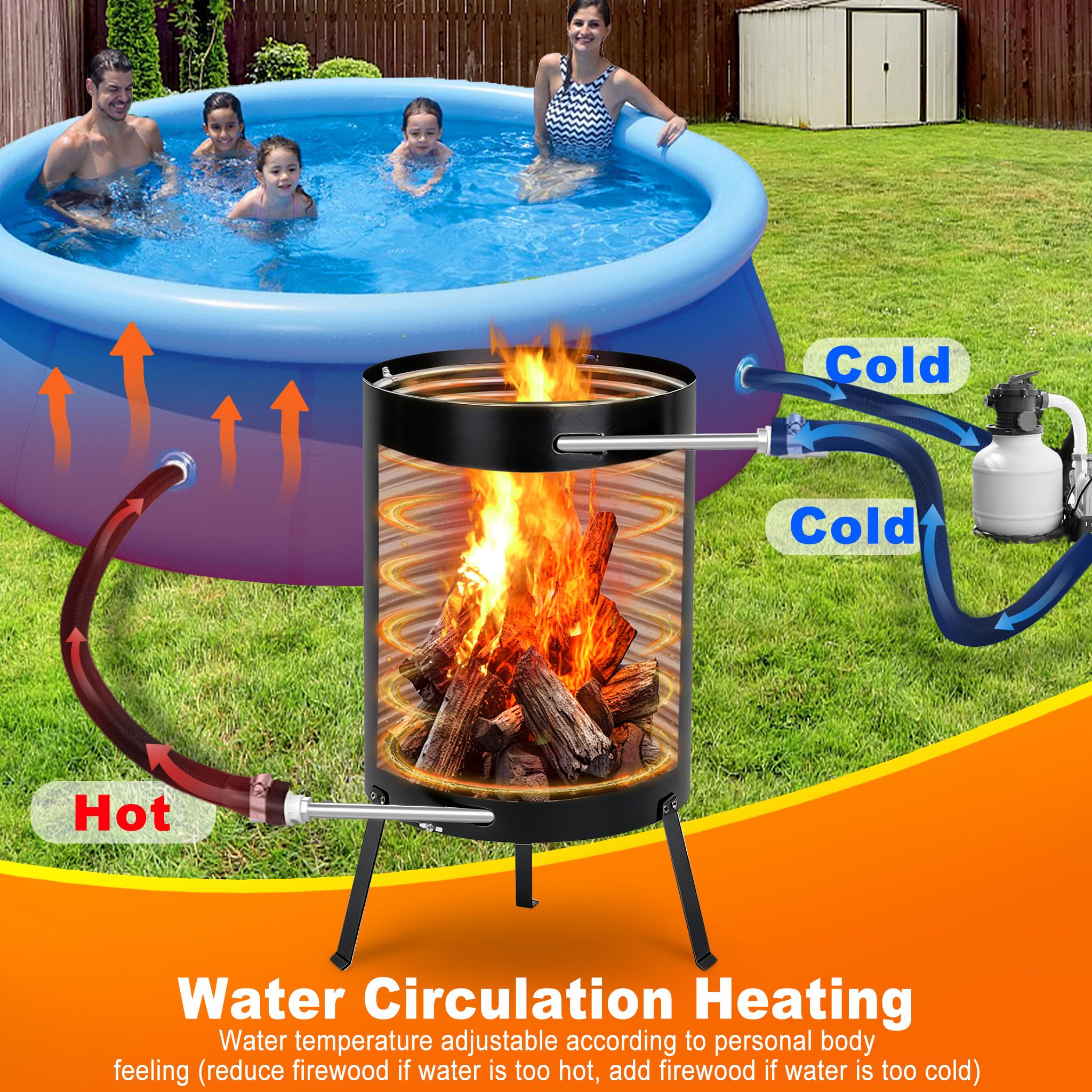 Barril de fuego con espiral de calefacción, diámetro de 32 mm/diámetro de 38 mm, estera ignífuga y bandeja colectora, color negro, ducha de jardín, calefacción, piscina, calentador de piscina