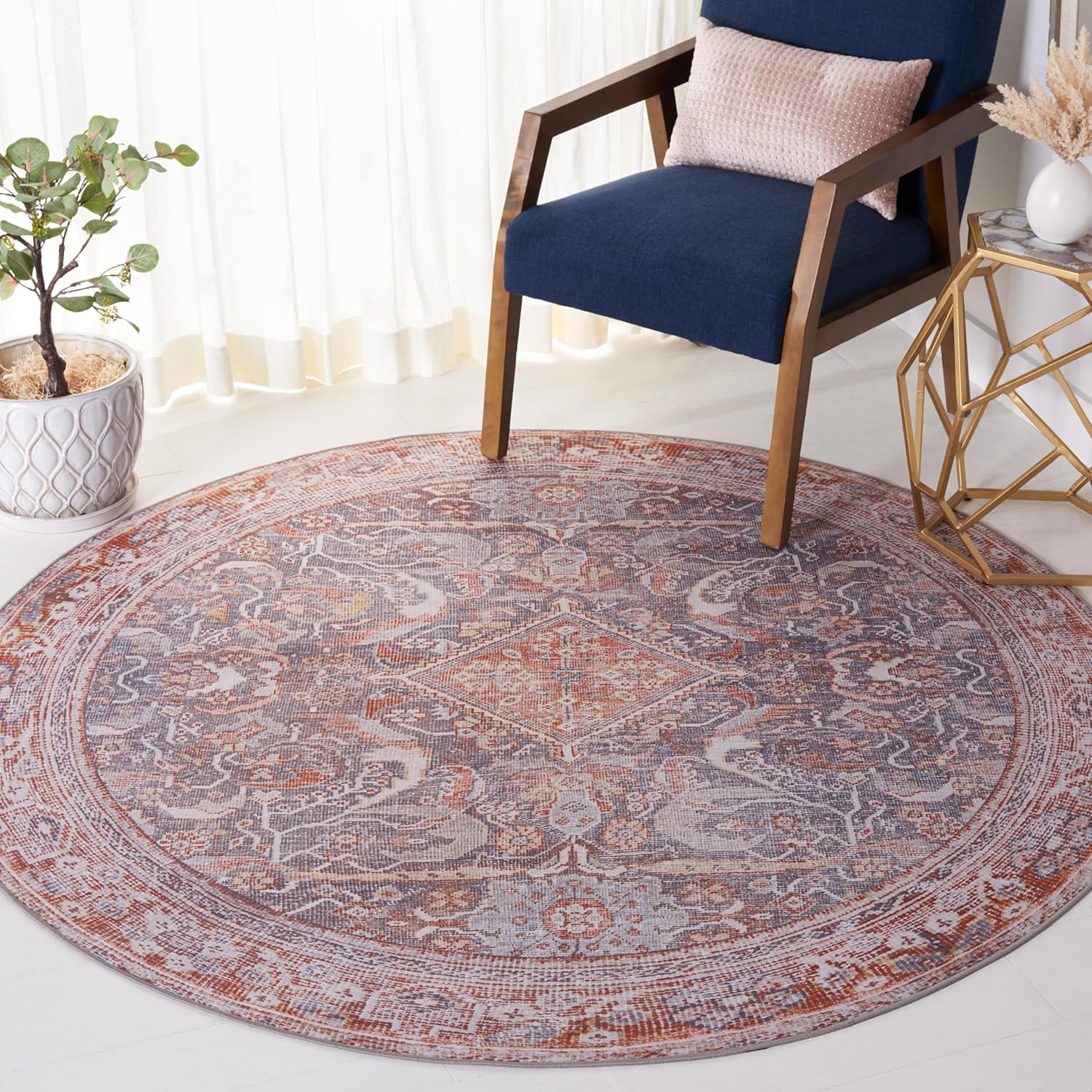 SAFAVIEH Washable Rug Tucson Collection - 6' Square, Grey & Rust, Slip Resistant & Easy to Clean, Ideal for Living Room, Bedroom, Dining Space (TSN125F)