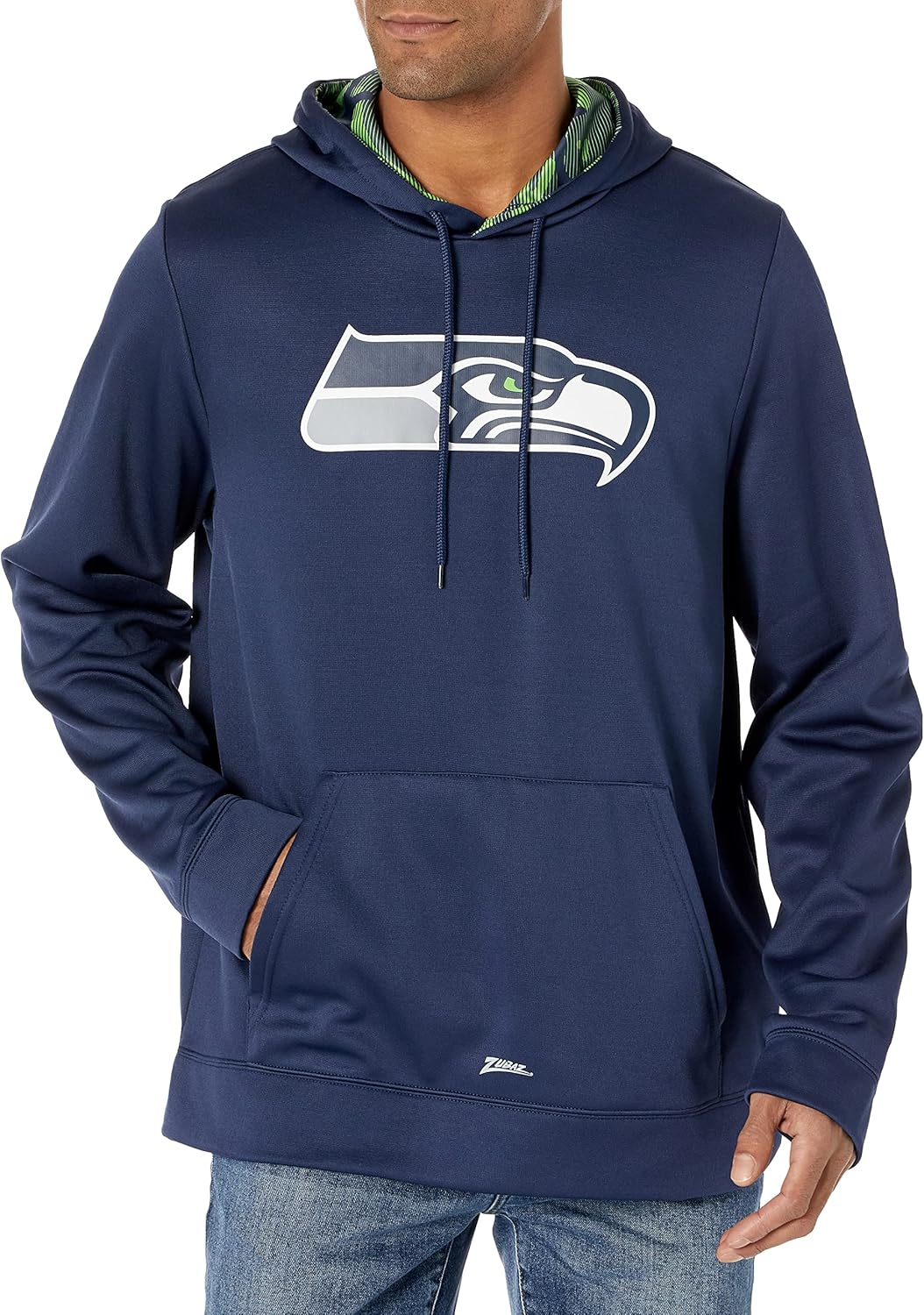 Zubaz Men's NFL Solid Team Color Pullover Hoodie with Large Primary Logo and Camo Hood Liner