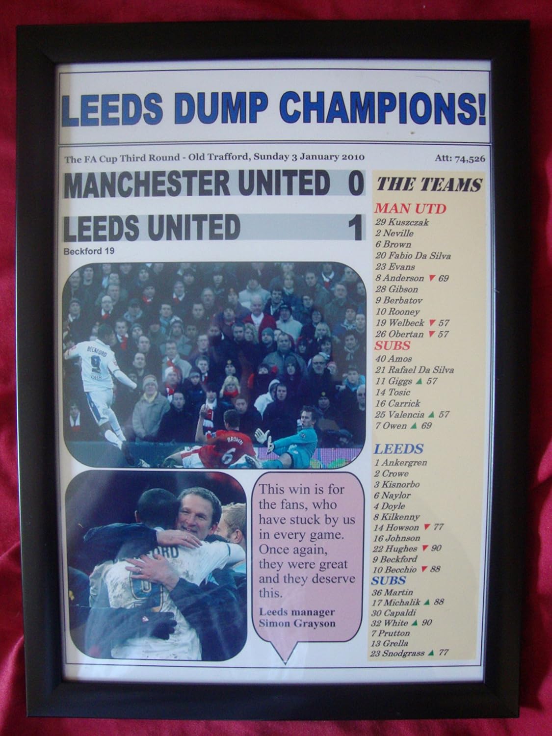 Lilywhite Multimedia Manchester United 0 Leeds United 1-2010 FA Cup - framed print