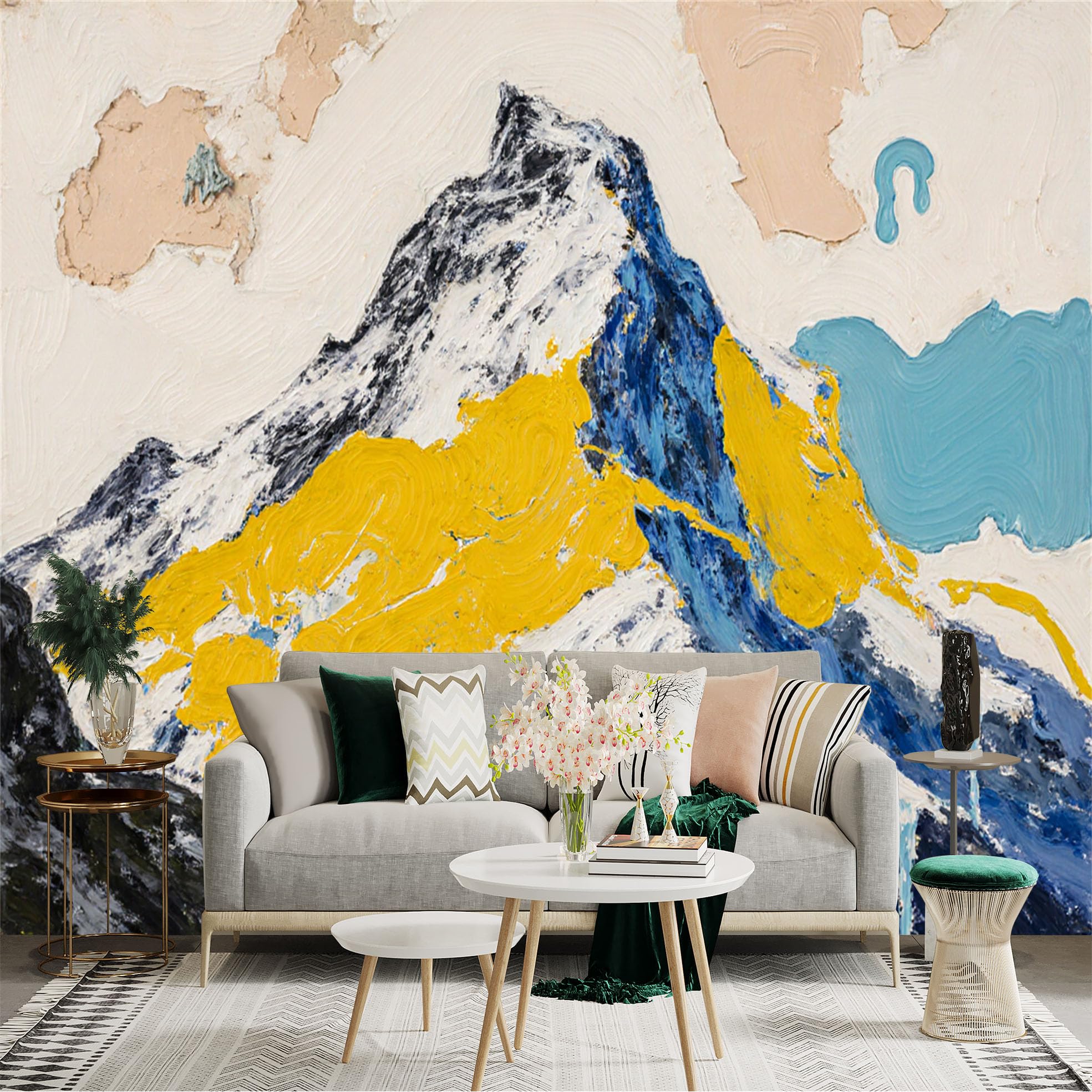 Custom Size Wall Sticker Mural， Abstract Snowy Peak， Heavy Texture Oil Painting， Artistic Blue and Yellow Mountain Landscape， for wall Decoration， peelandstick wall Decals.