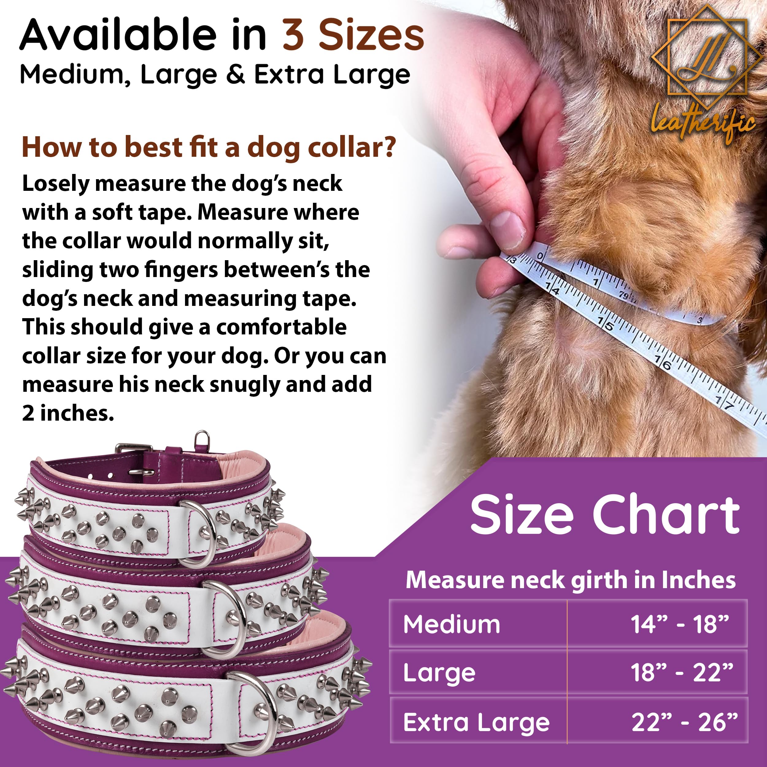 Leatherify - Collar de cuero genuino para perro, de alta calidad, resistente, acolchado, fuerte, con picos atornillados, razas medianas, grandes, extragrandes, 5 cm de ancho (color magenta, tamaño del