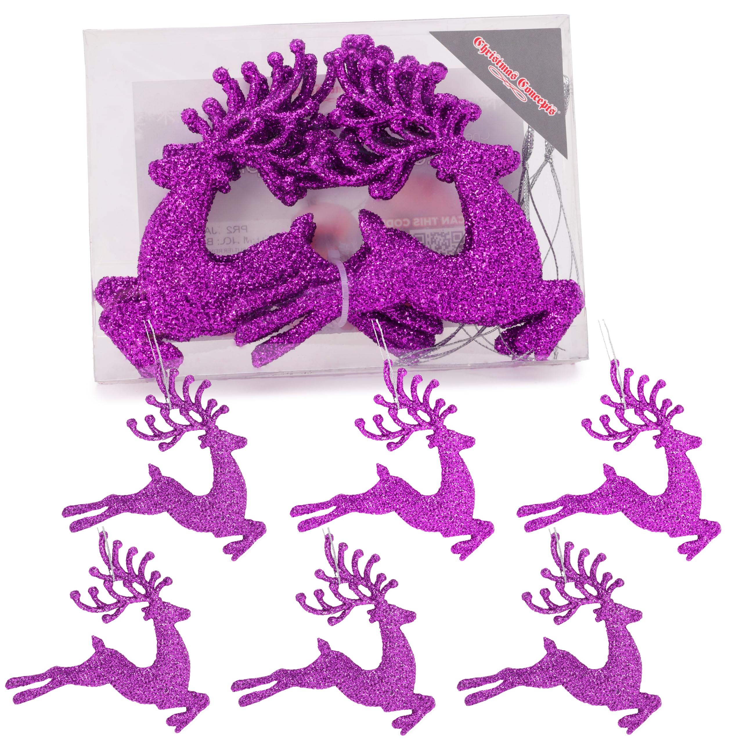 Christmas Concepts Purple Christmas Concepts®- 100Mm (4") Pack Of 6 Glittery Reindeer Baubles - Christmas Tree Decorations (Purple)