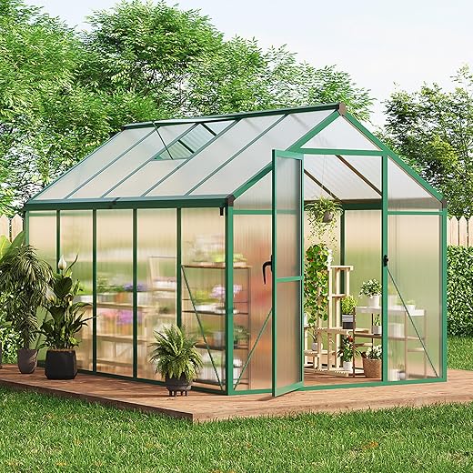6x10 FT Greenhouse, Easy Assembly Aluminum Polycarbonate Greenhouses for Outdoors with Roof Vent and Ground Nails, Heavy Duty Aluminum Walk-in Greenhouse for Backyard, Sliding Lockable Door, Green