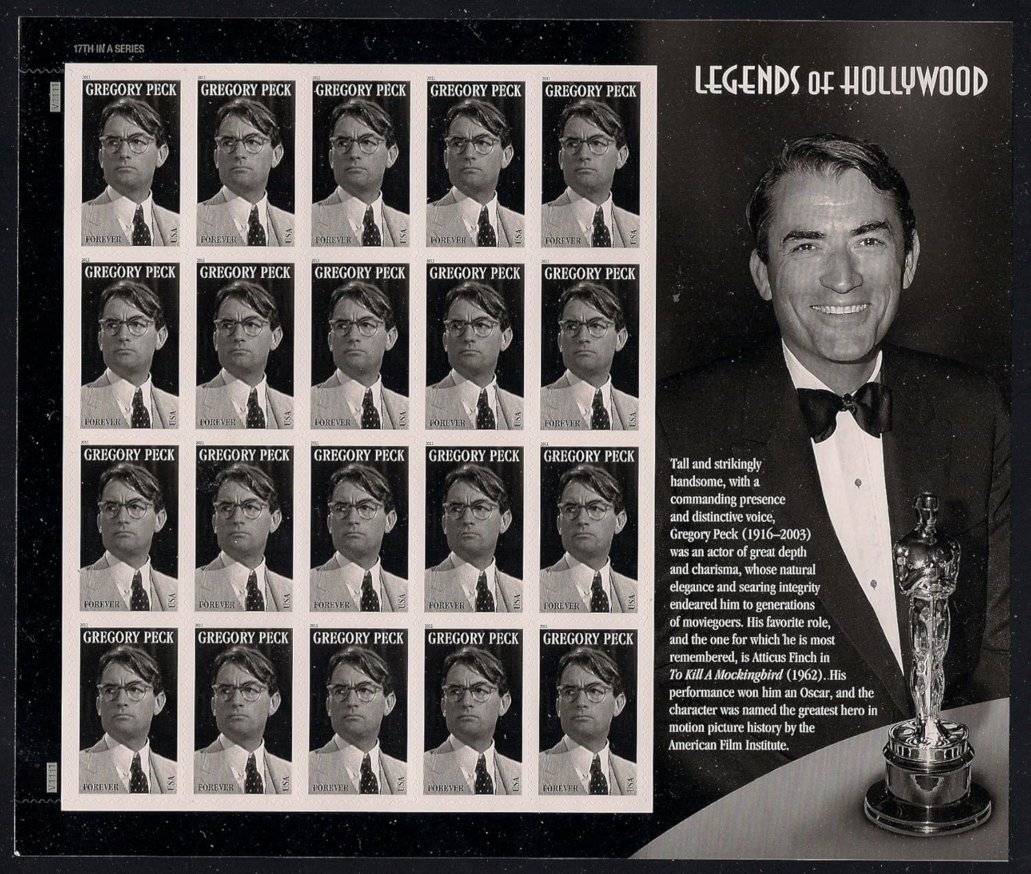 Gregory Peck Legends of Hollywood Sheet of 20 Forever Stamps Scott 4526