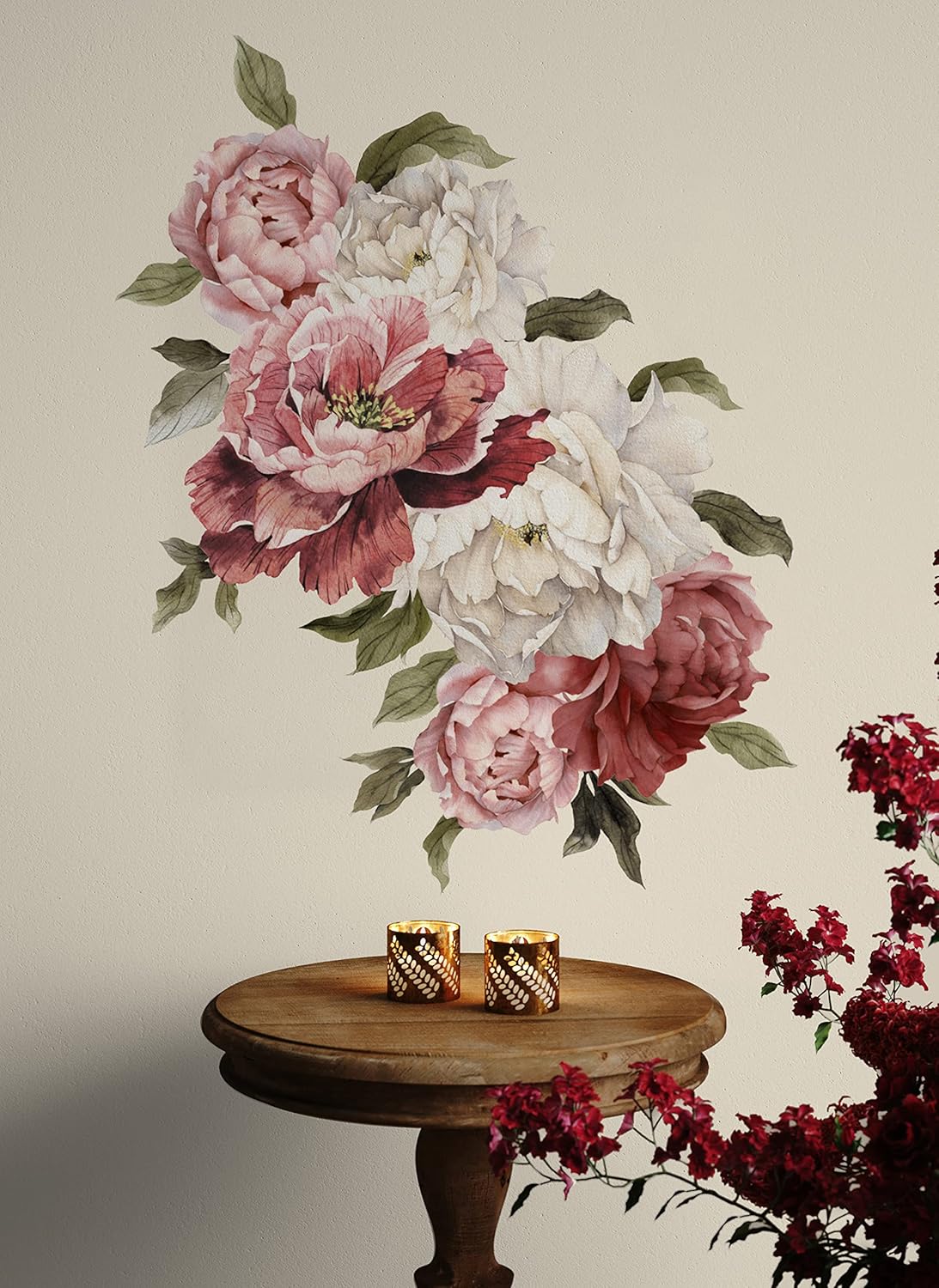Murwall Red, Pink, and White Peony Wall Decals, Peonies Vintage Bouquet Wall Stickers with Green Leaves