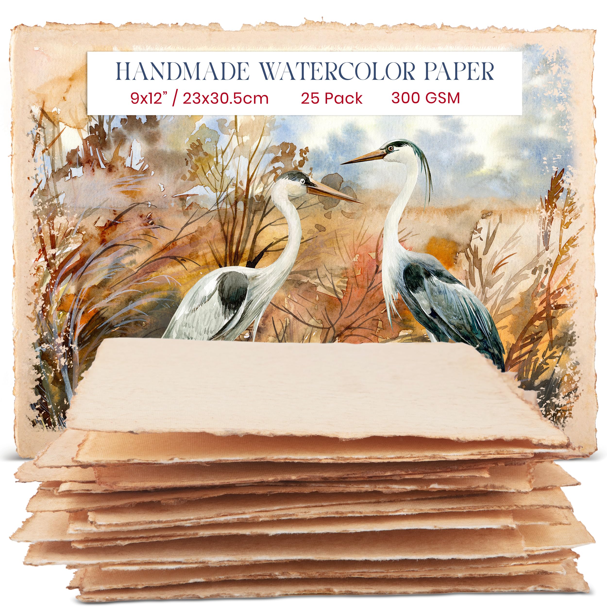 Wanderings Thick Handmade Vintage Watercolour Paper with Deckle Edge - 23x30.5 Cm - 300gsm - Premium Antiqued Hot Press Textured Mixed Media Paper Made with Recycled Cotton - 25 Loose Leaf Sheets