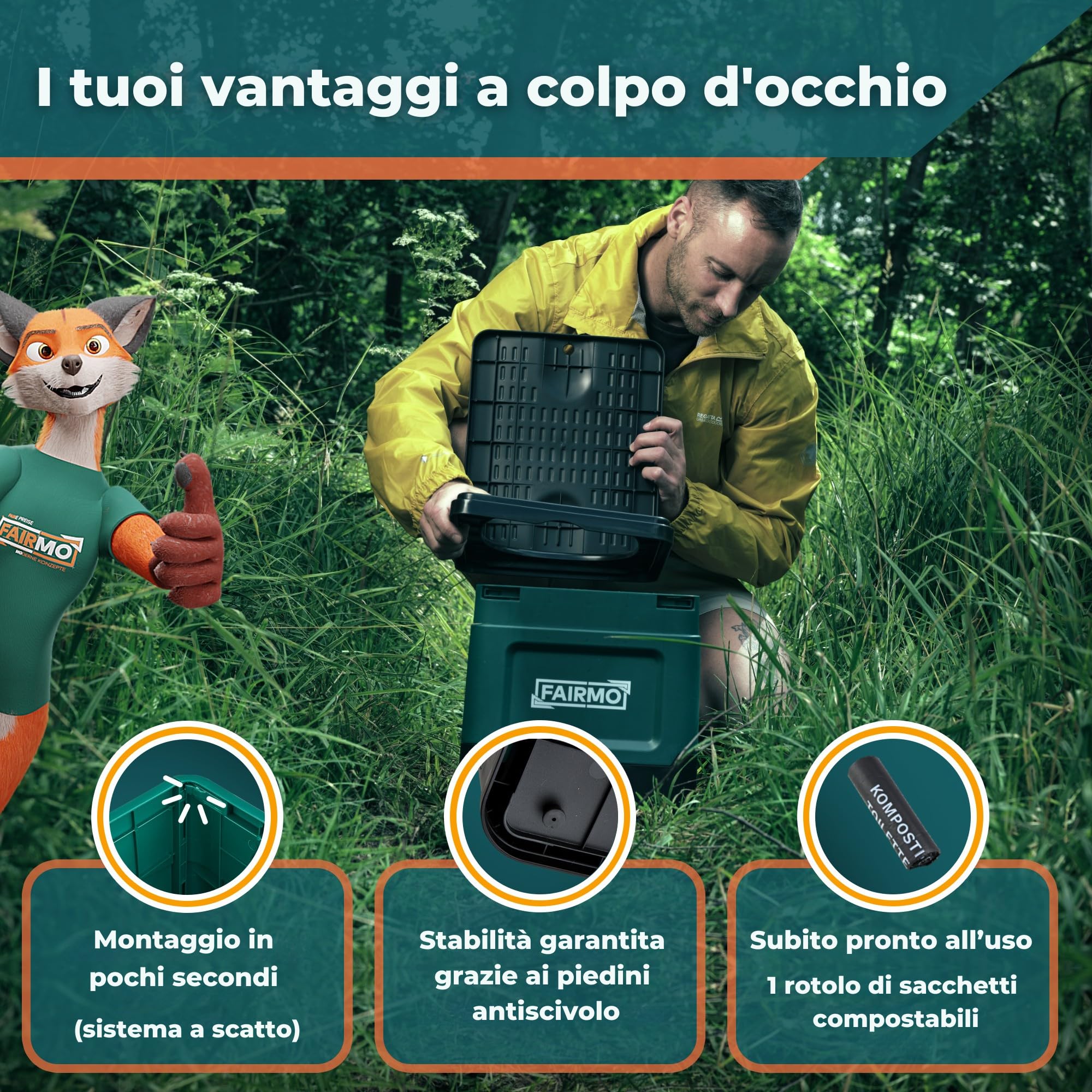 FAIRMO La toilette da campeggio compatta pieghevole (con custodia e 24 sacchetti) – WC asciutto campeggio senza prodotti chimici – Lettiera da campeggio con coperchio – in viaggio, festival, emergenza