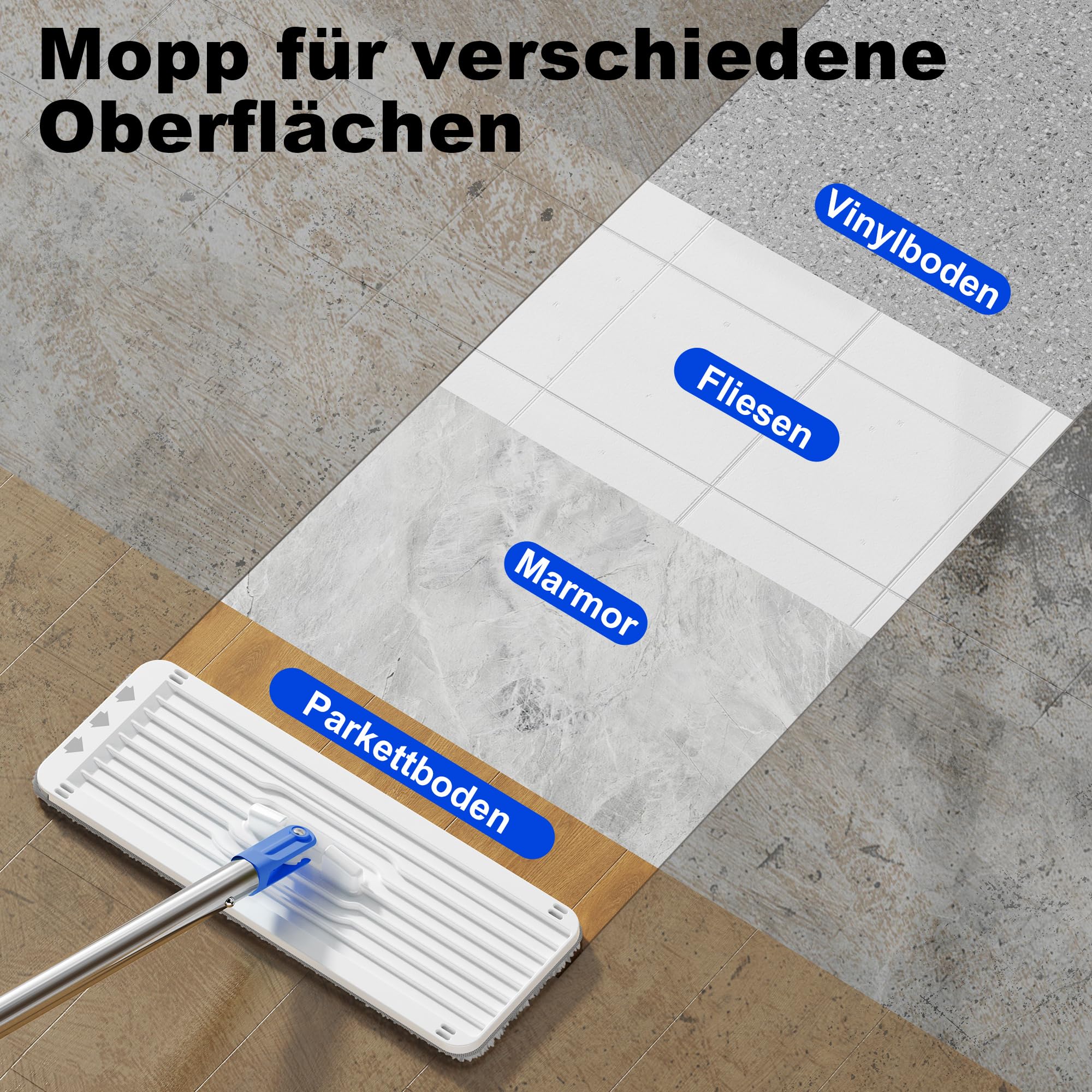 Wischmopp und Eimer Set mit Auswringer, Schieferblau Flach Squeeze Spin Wall Mop Cleaner mit langem Griff, Trocken & Nass Staubwischer für Haushalt Bodenreinigung mit 3 Mikrofaser Mops