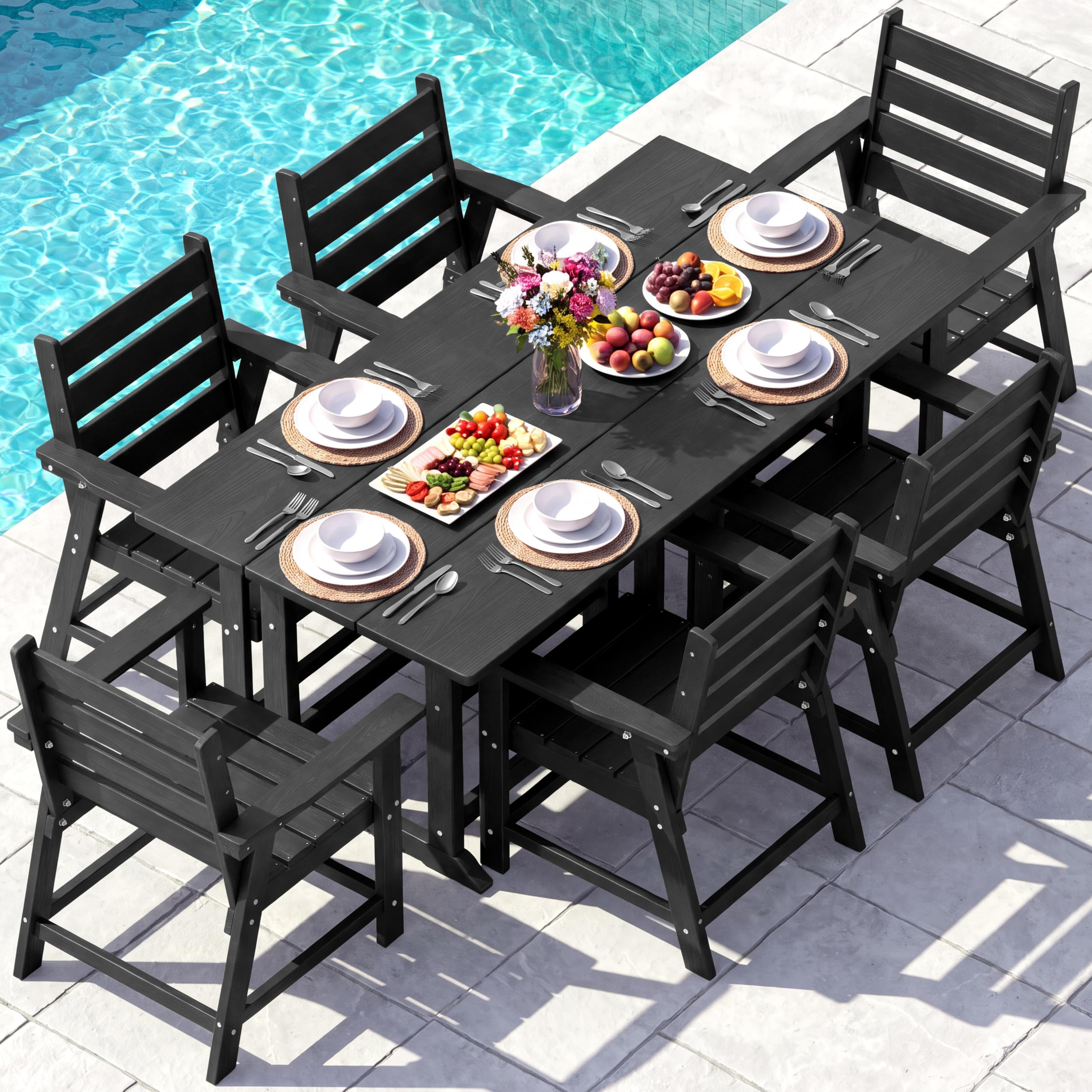 HDPE Outdoor Dining Set, Patio Dining Set of 7, Black