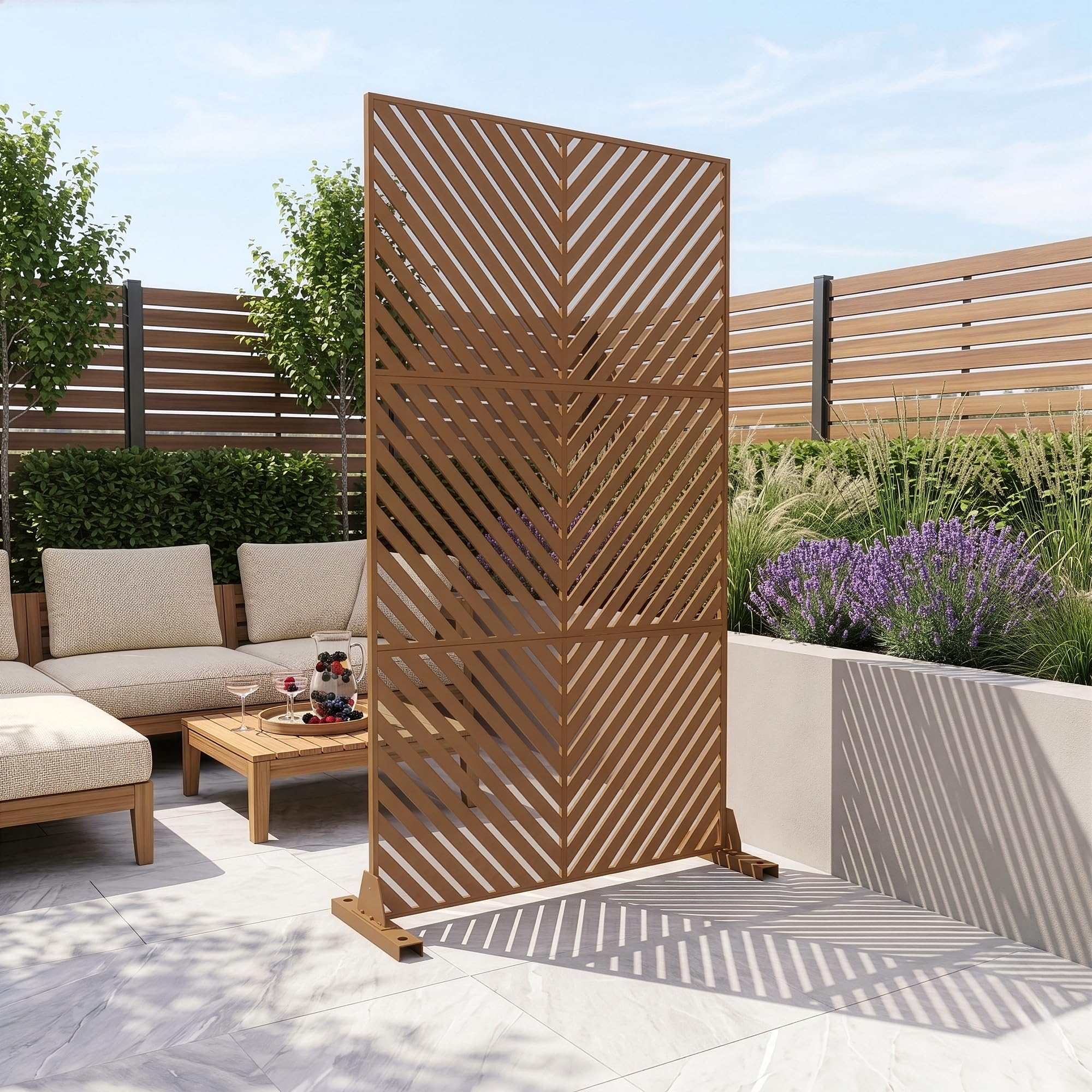 casa.pro Separador de Ambientes Kekan Diseño V Biombo Tabique Exterior y Interior Pantalla de Privacidad Protección contra Sol Acero Galvanizado 180 x 90 cm - Marrón