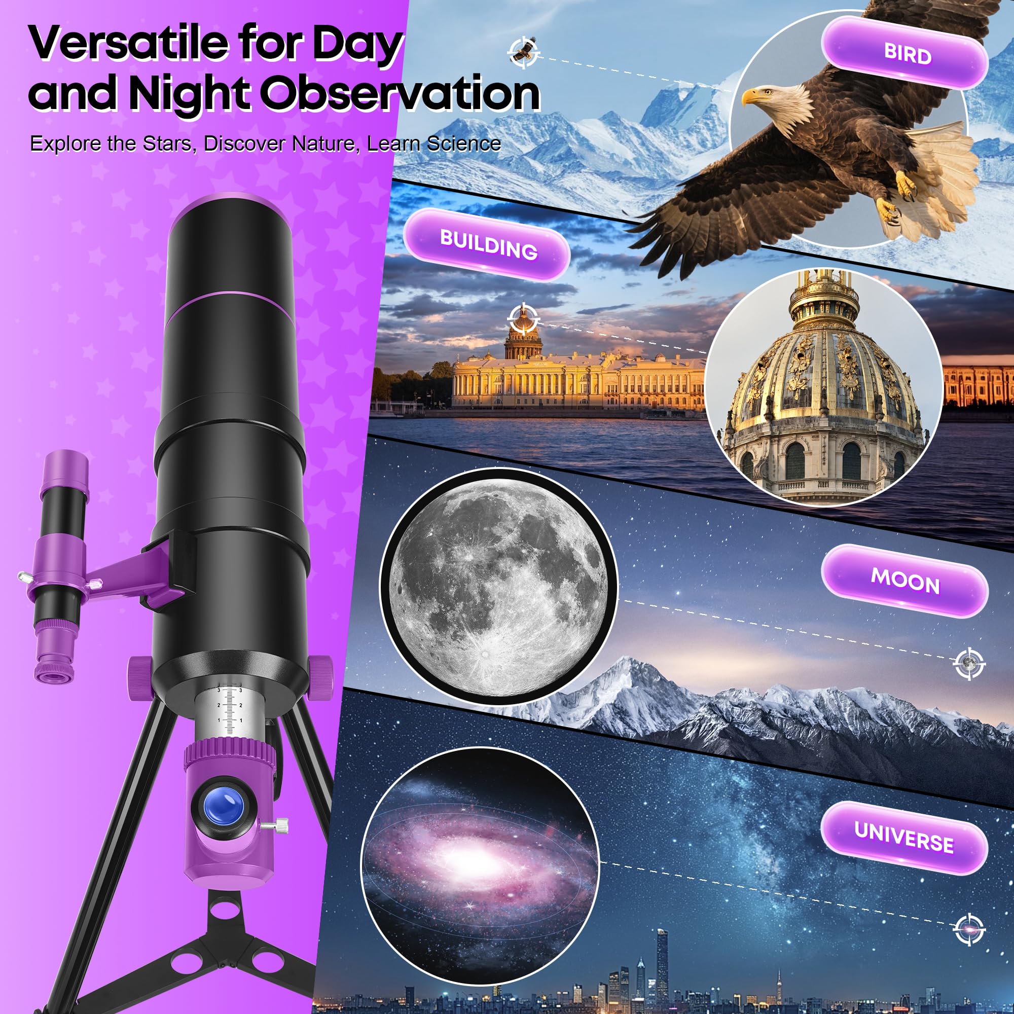Telescopio Astronómico Profesional para Adultos y Niños Principiantes, 90/550 mm Telescopio Refractor Portátil con Trípode Ajustable, Filtro Lunar, Adaptador Teléfono y Bolsa de Transporte
