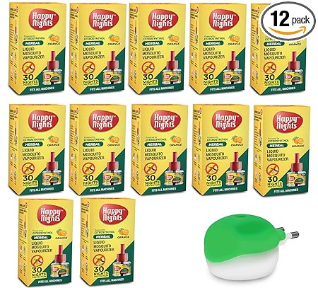 Happy Nights Orange Mosquito Refill | Herbal Orange Repellent | Repellent | Insect Vaporizer | Prevent from Dengue| Completely Herbal Safe for Children | 45 ml (Pack of 12 Refill plus 1 machine)