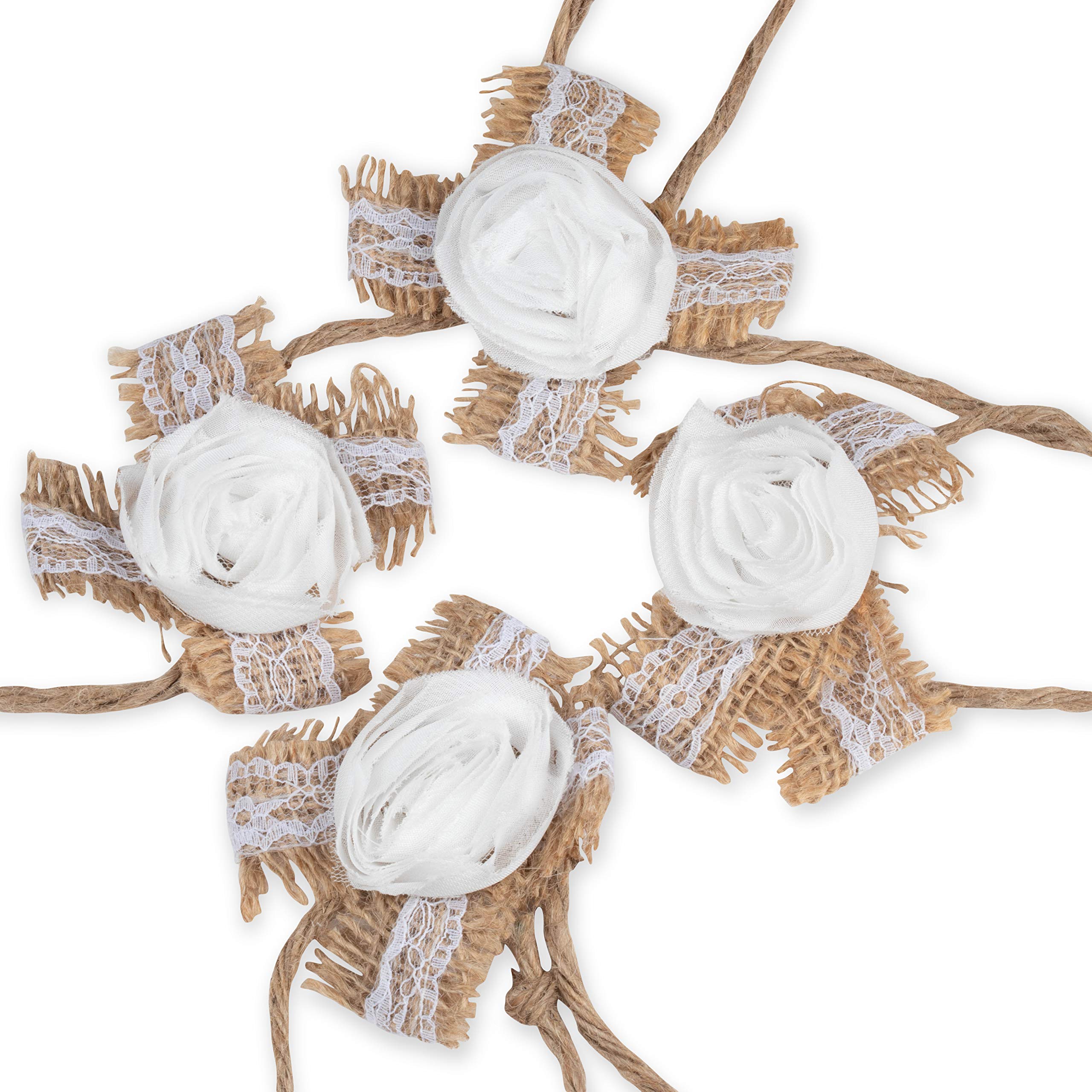Genie Crafts4-Count Burlap Fabric Flower Wrist Corsage for Wedding, Bridesmaids, Prom, Homecoming, and DIY Crafts, 3.75 Inches