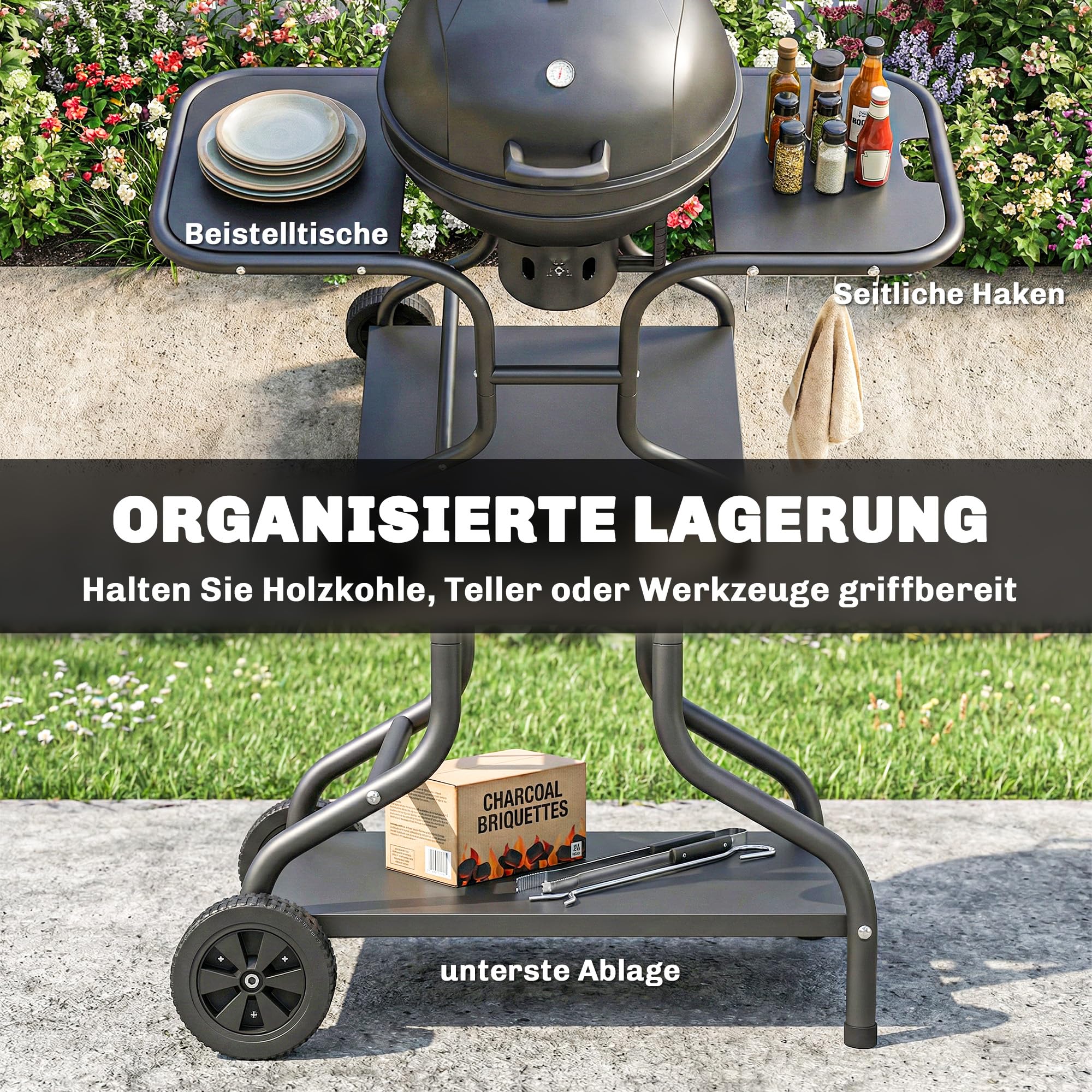 Outsunny grill węglowy kulisty z pokrywą 129 x 63,5 x 106,5 cm | Smoker, stoliki, koła, pojemnik na węgiel, wózek grillowy, termometr, grill węglowy na barbecue, camping, taras, ogród