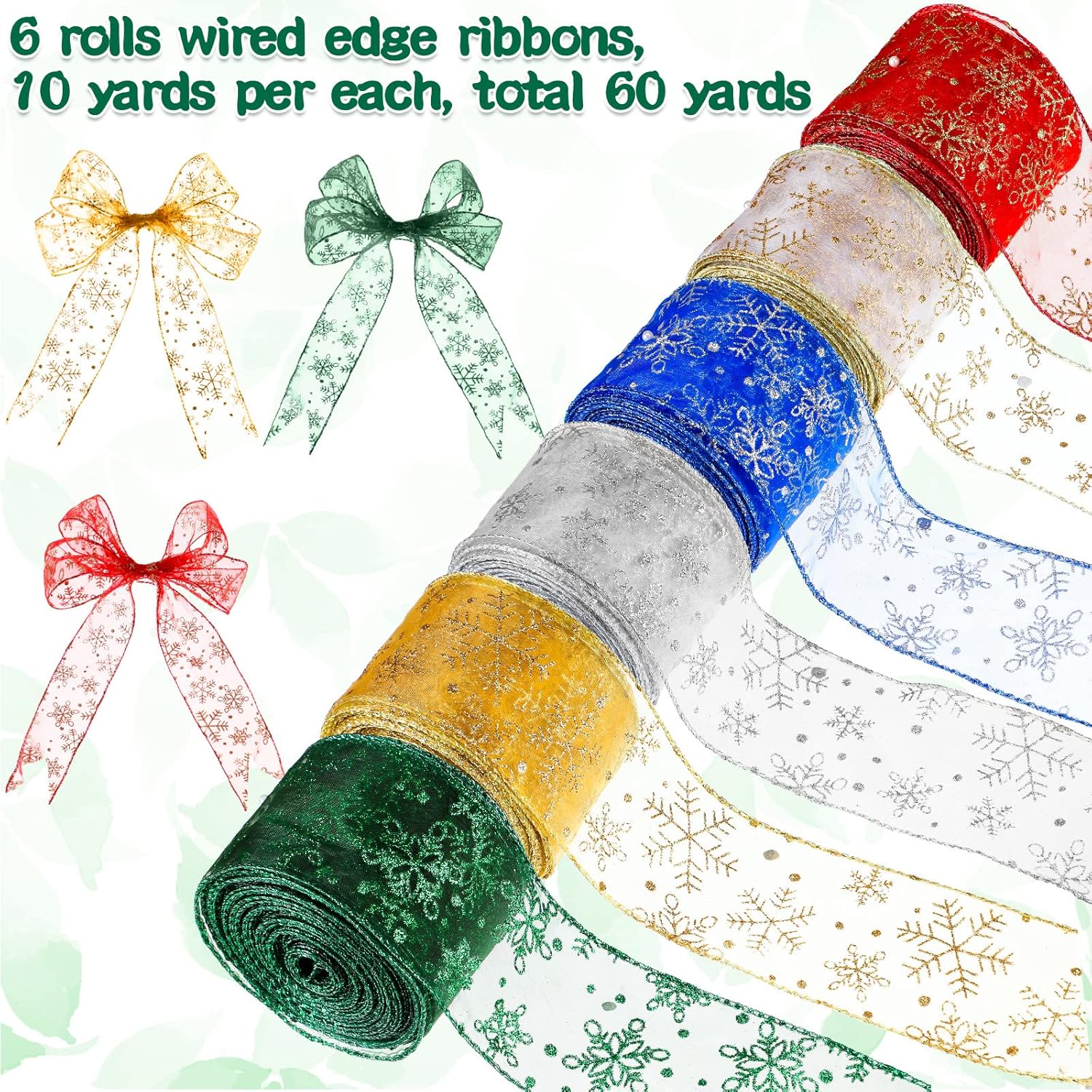 6 Rolls 60 Yards Christmas Wired Ribbon Bulk 2.5 Inch Wide Snowflake Christmas Sheer Glitter Ribbon for Party Wreaths Wrapping Floral Arrangements DIY Craft Supplies, 6 Colors