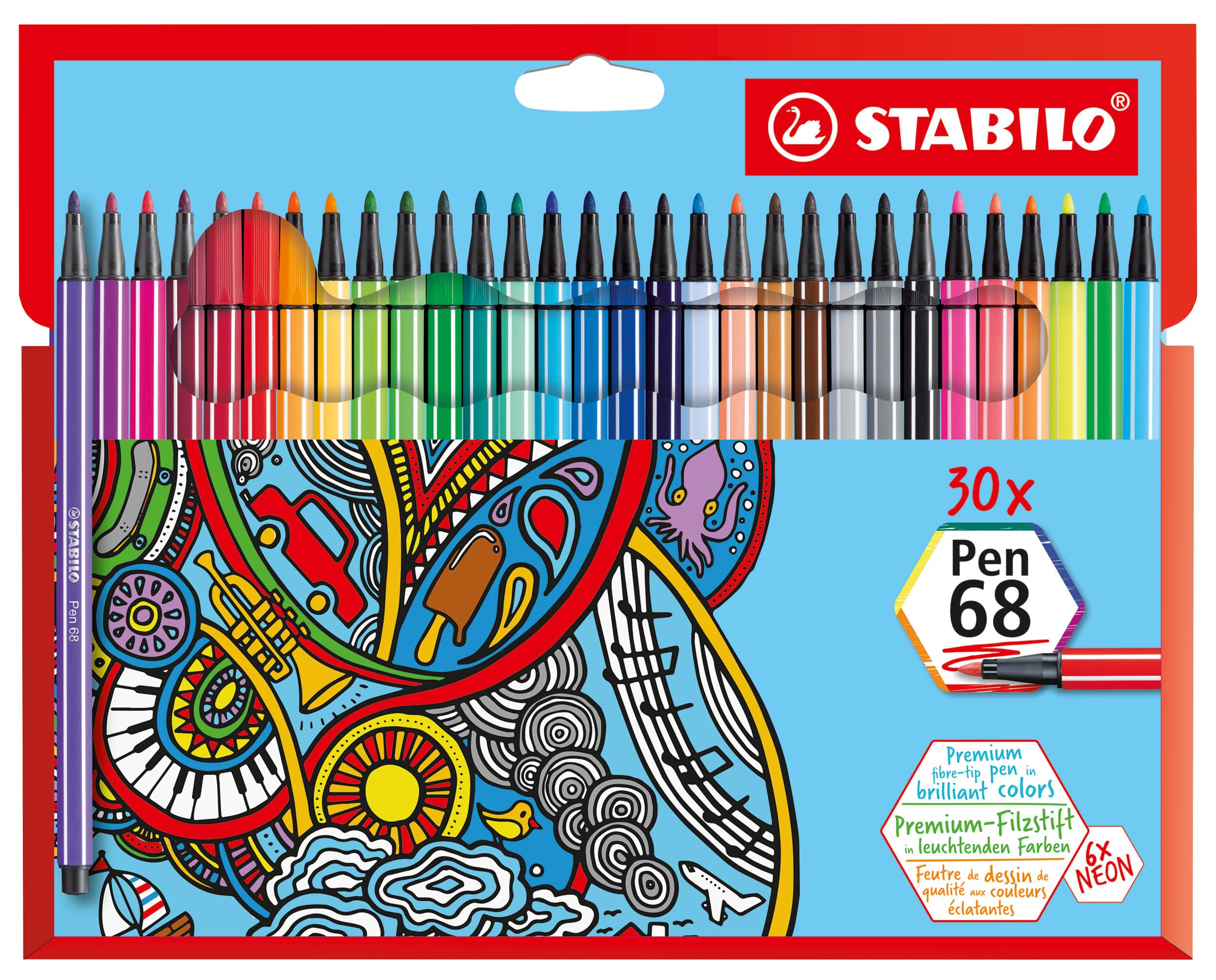 STABILO Pen 68 - Premium Fibre-Tip Pen - Pack of 30 - Assorted Colours