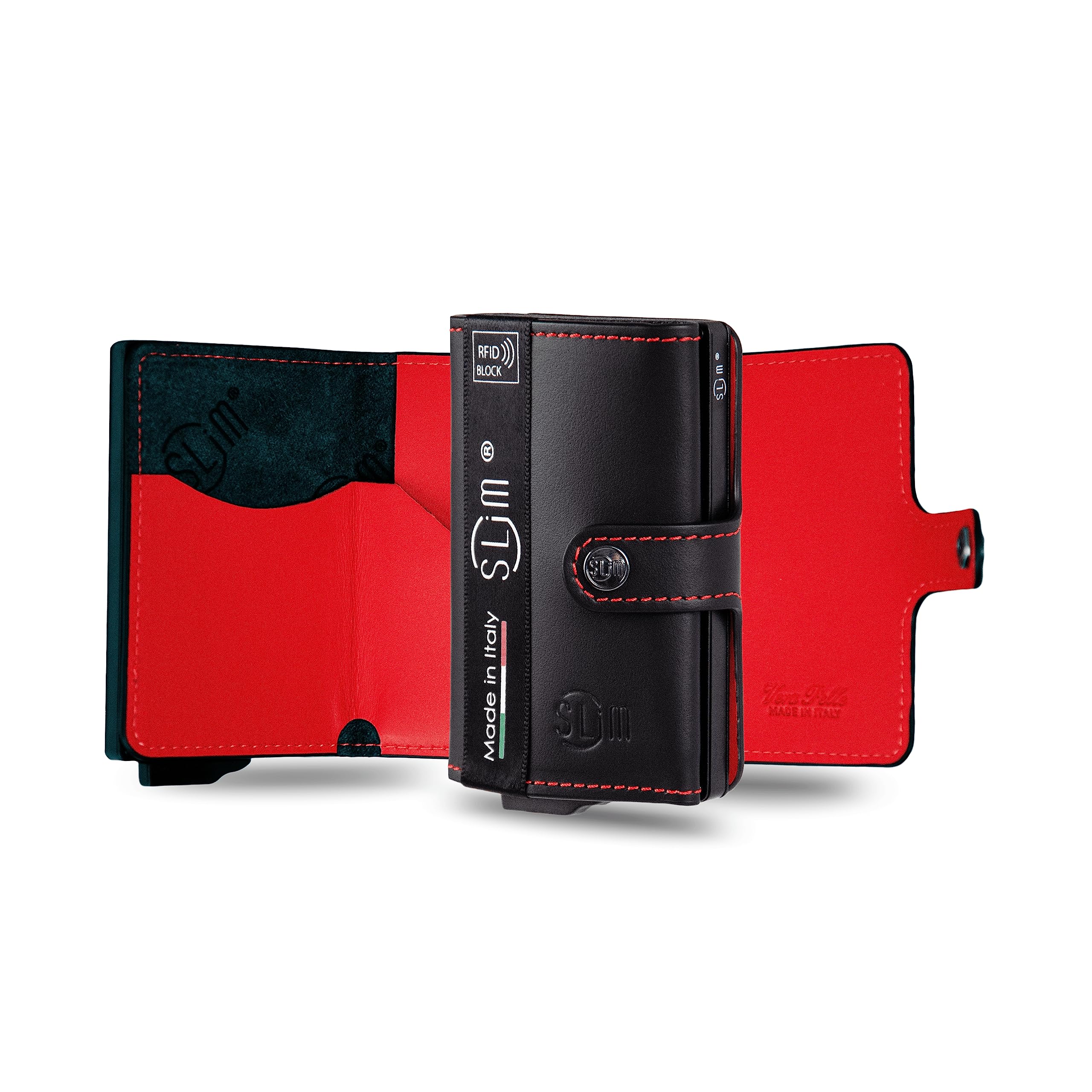 SLim Porta Carte di Credito Schermato Portafoglio Uomo Rfid Portatessere Anticlonazione Donna Portacarte Uomo (Nero e Rosso, Senza Zip)