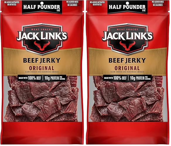 Jack Link's Beef Jerky, Original, Half Pounder Large Jerky Bag - Flavorful Meat Snack, Ready to Eat Protein Snacks with 10g of Protein per Serving, Made with 100% Beef (Pack of 2) - Original - 8 Ounce (Pack of 2)